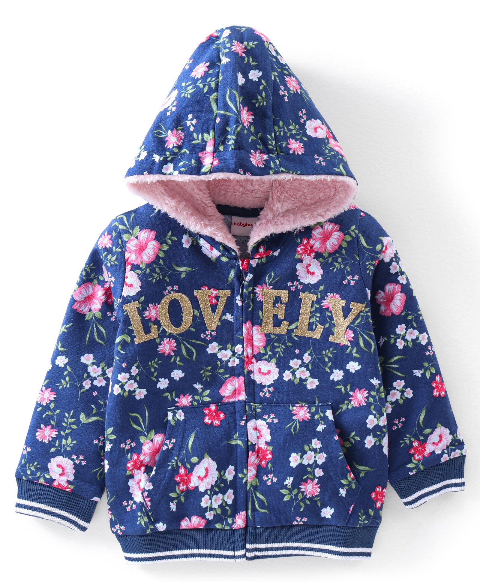 Babyhug Cotton Full Sleeves Hooded Sweat Jacket With Zipper Floral Print & Glitter Detailing - Navy Blue-image-44