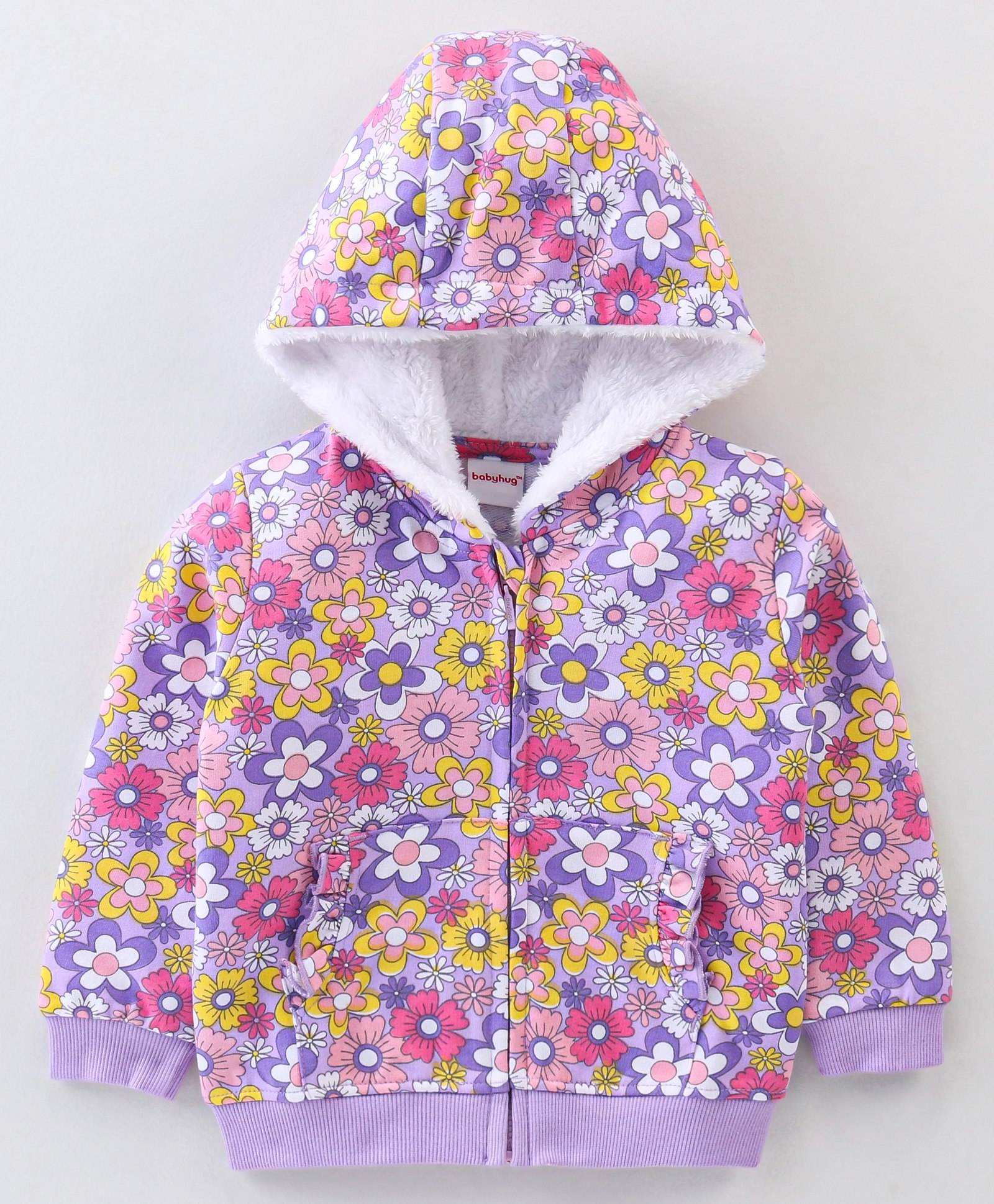 Babyhug Cotton Knit Full Sleeves Hoodie With Frill Detailing & Floral Print - Green-image-31