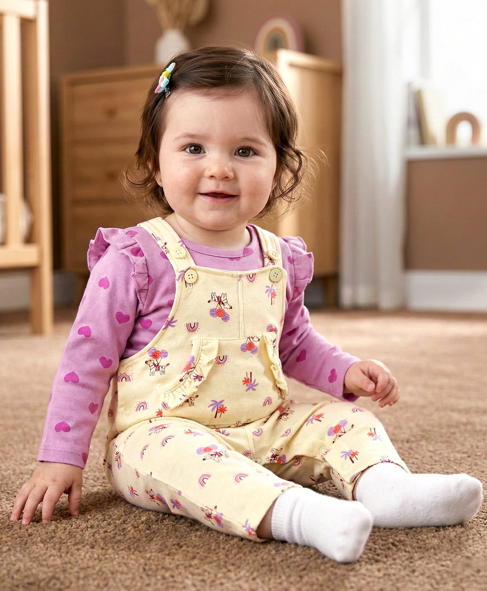 Babyoye Eco Conscious 100% Cotton Dungaree with Inner Tee Floral & Heart Print -  Purple & Yellow-image-32