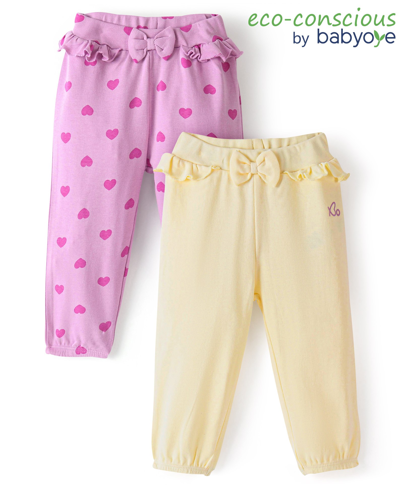 Babyoye Eco Conscious 100% Cotton Solid Colour & Heart Printed Leggings Pack of 2 - Yellow & Pink-image-13