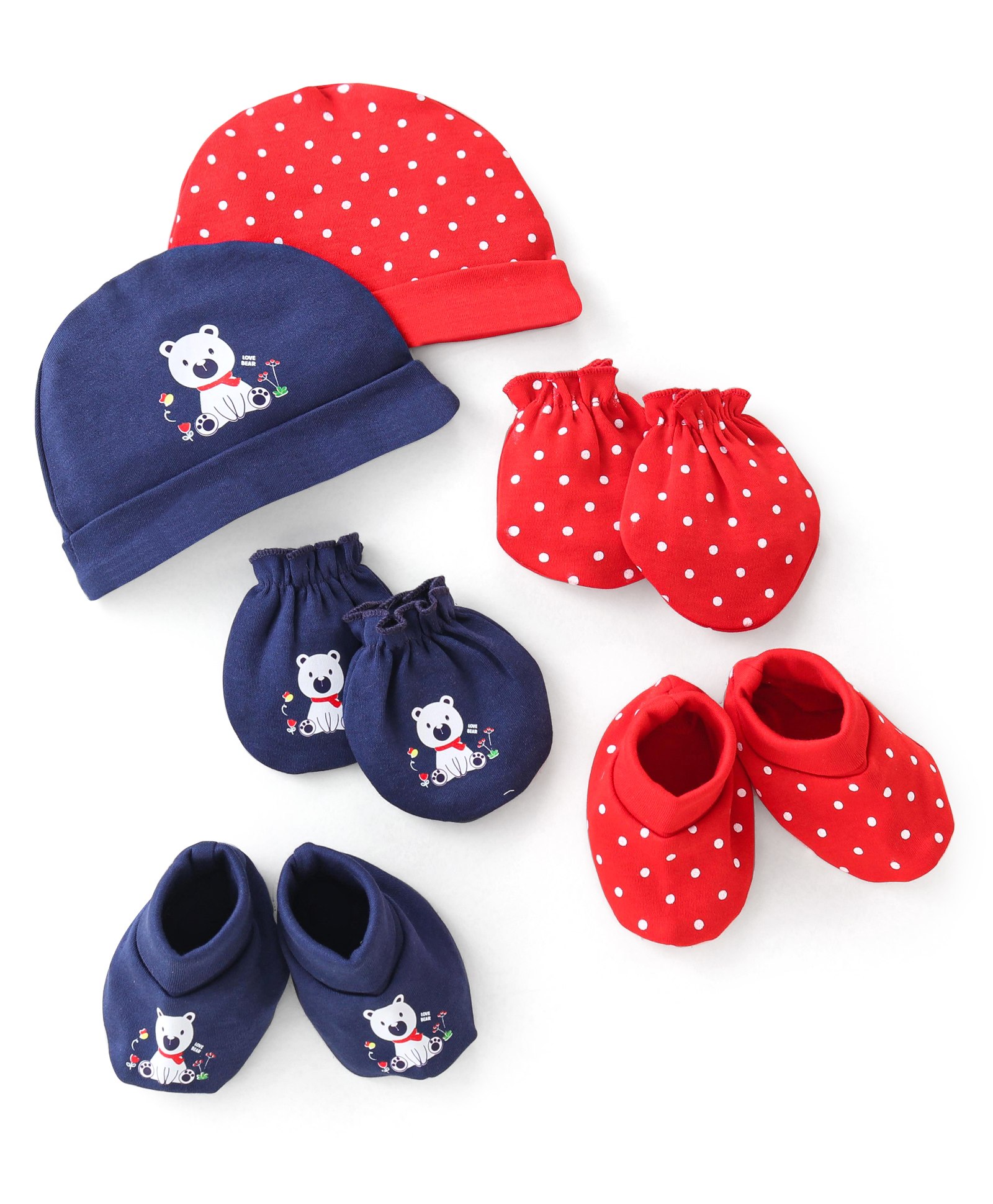 Doodle Poodle 100% Cotton Polka Dots & Puppy Print Cap Mittens & Booties Set of 2 Blue & Red - Diameter 18 cm-image-16