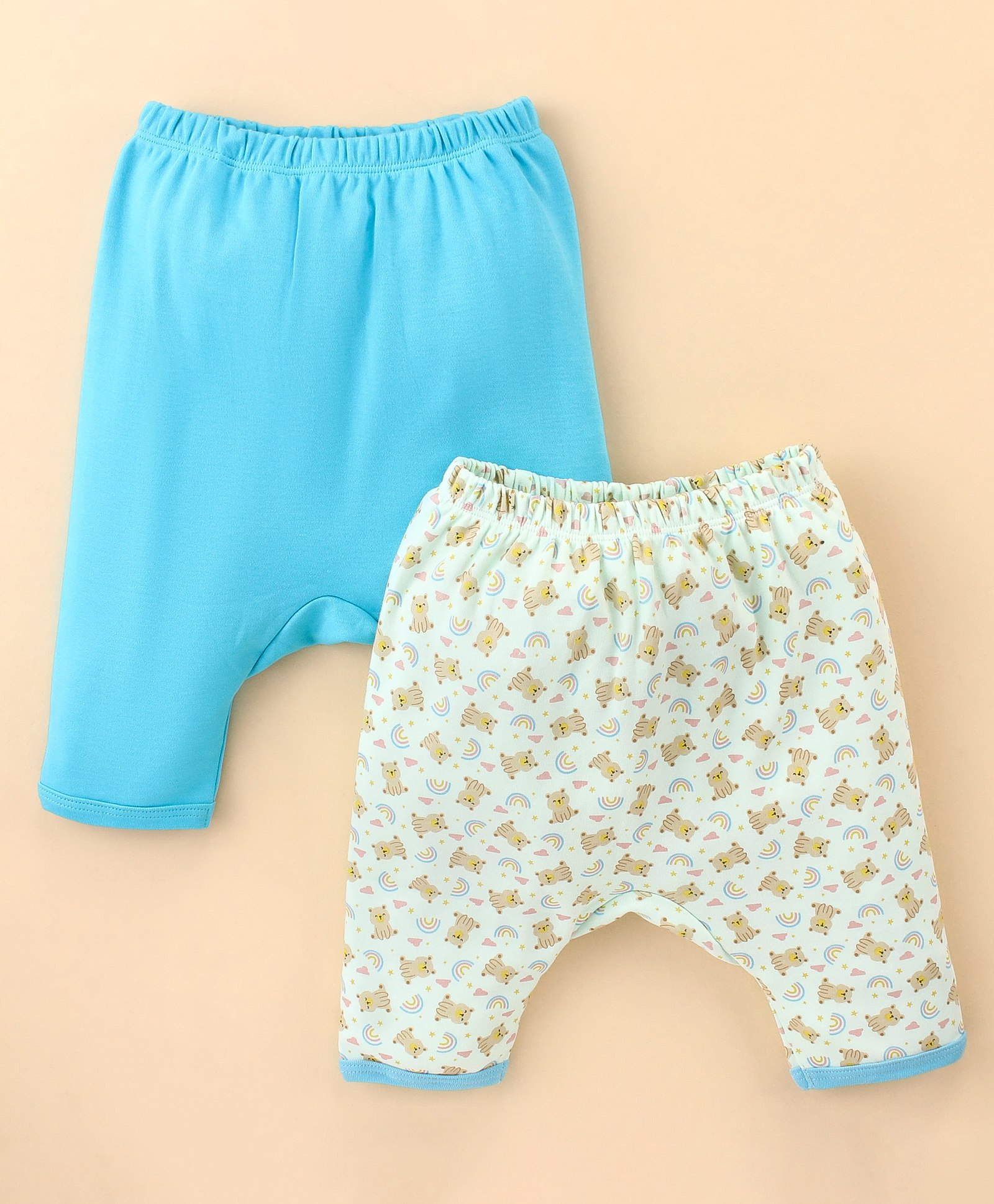 Ben Benny Cotton Knit Full Length Diaper Legging Teddy Print Pack Of 2 - Blue & Off White-image-13