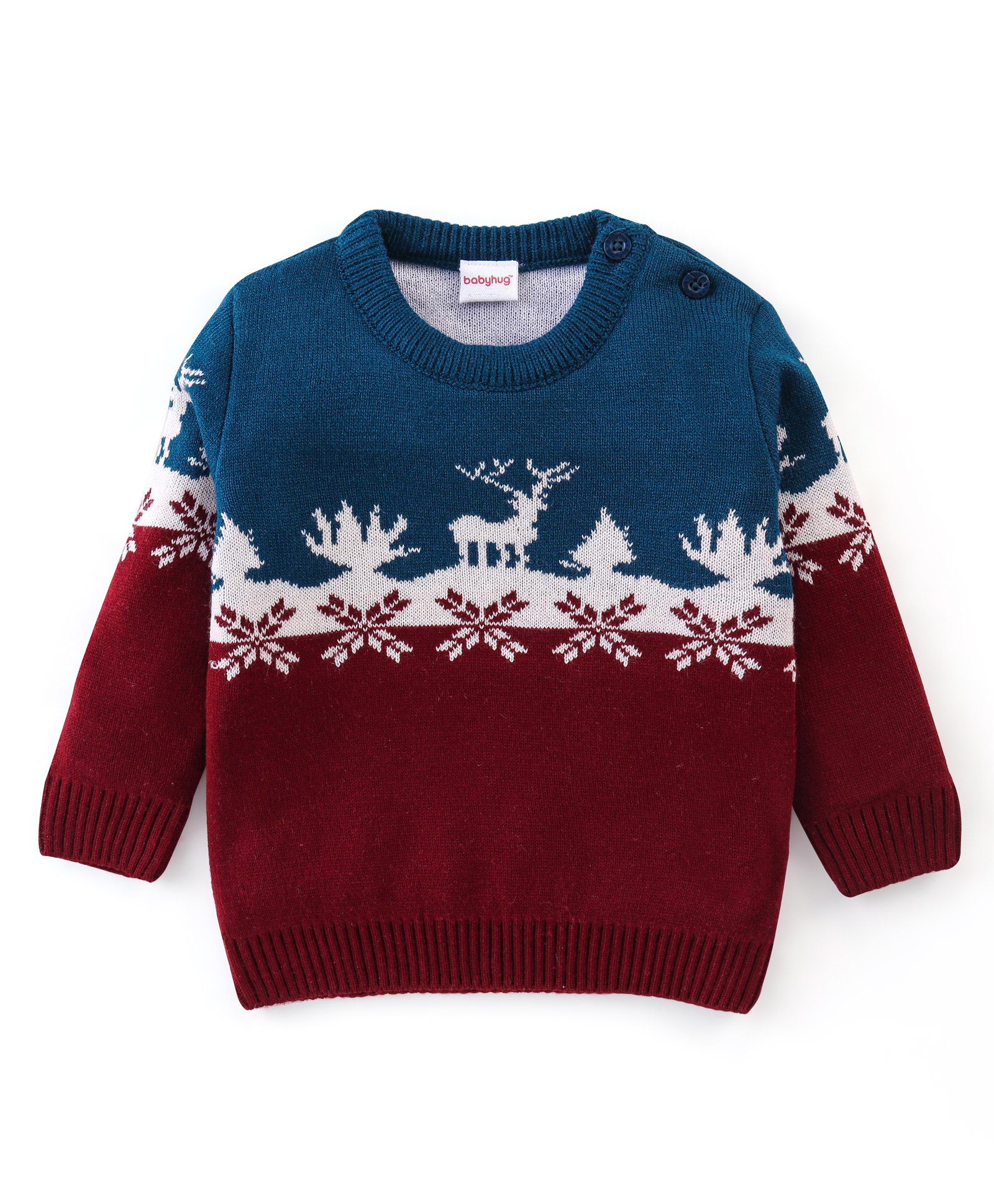 Babyhug 100% Acrylic Full Sleeves Reindeer Design Pullover - Red & Navy Blue-image-8