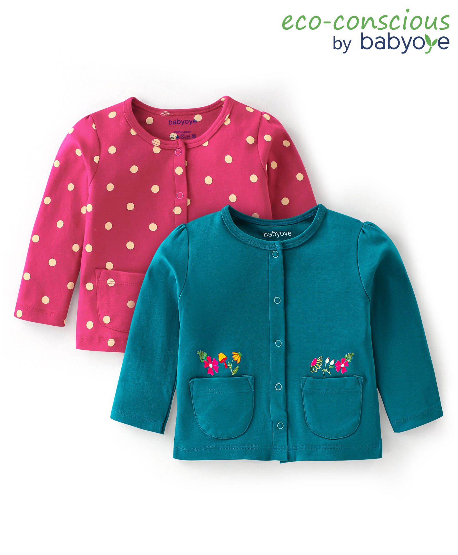 Babyoye Eco Conscious 100% Cotton Full Sleeves Vests Polka Dot and Floral Print Pack of 2 - Red & Green-image-38