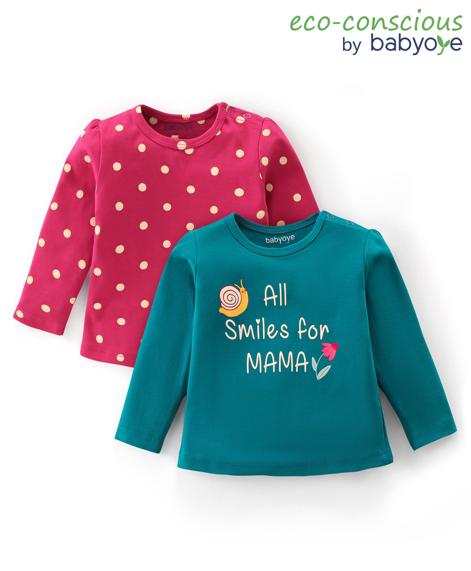 Babyoye Eco Conscious 100% Cotton Knit Full Sleeves Top Polka Dot Print Pack Of 2 - Red & Green-picture-27