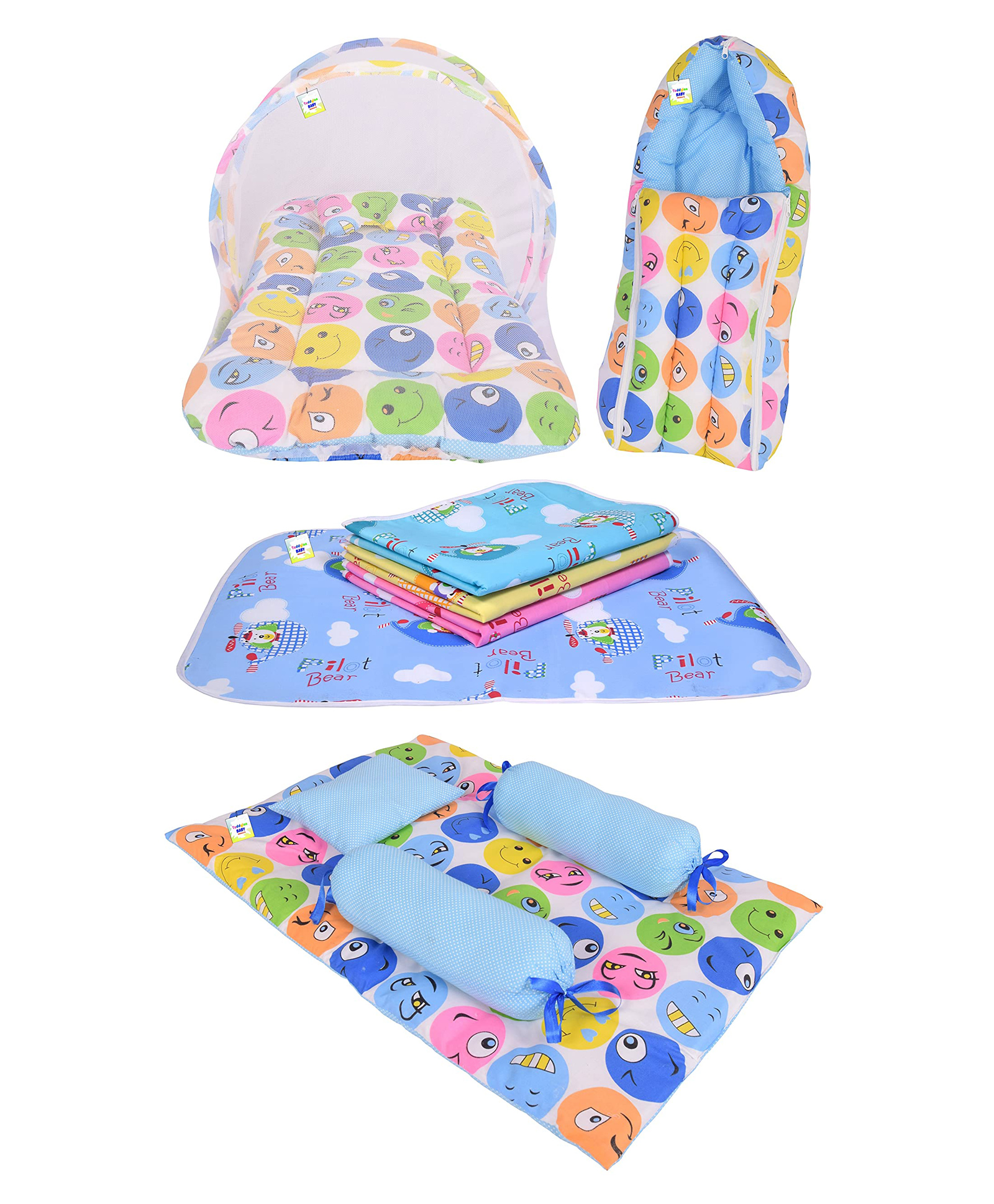 Toddylon New Born Baby Bedding Combo of Mattress with Net Sleeping Bag 4 Pcs Gaddi Set 4 Waterproof Sheets- Blue-picture-15