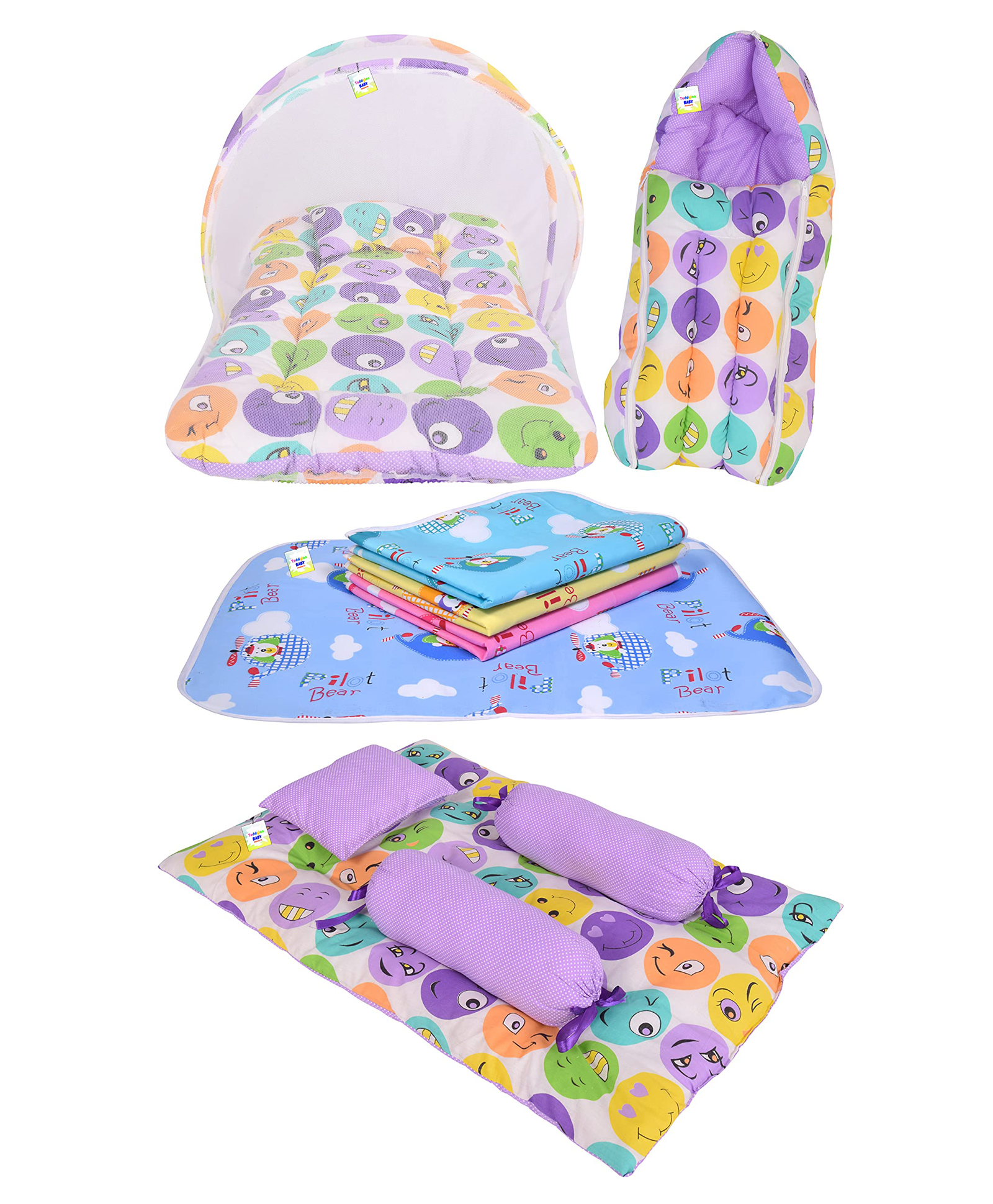 Toddylon New Born Baby Bedding Combo of Mattress with Net Sleeping Bag 4 Pcs Gaddi Set 4 Waterproof Sheets- Purple-picture-14