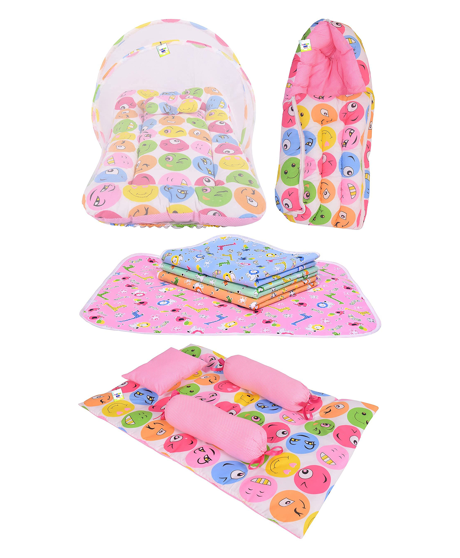 Toddylon New Born Baby Bedding Combo of Mattress with Net Sleeping Bag 4 Pcs Gaddi Set 4 Waterproof Sheets- Pink-picture-13