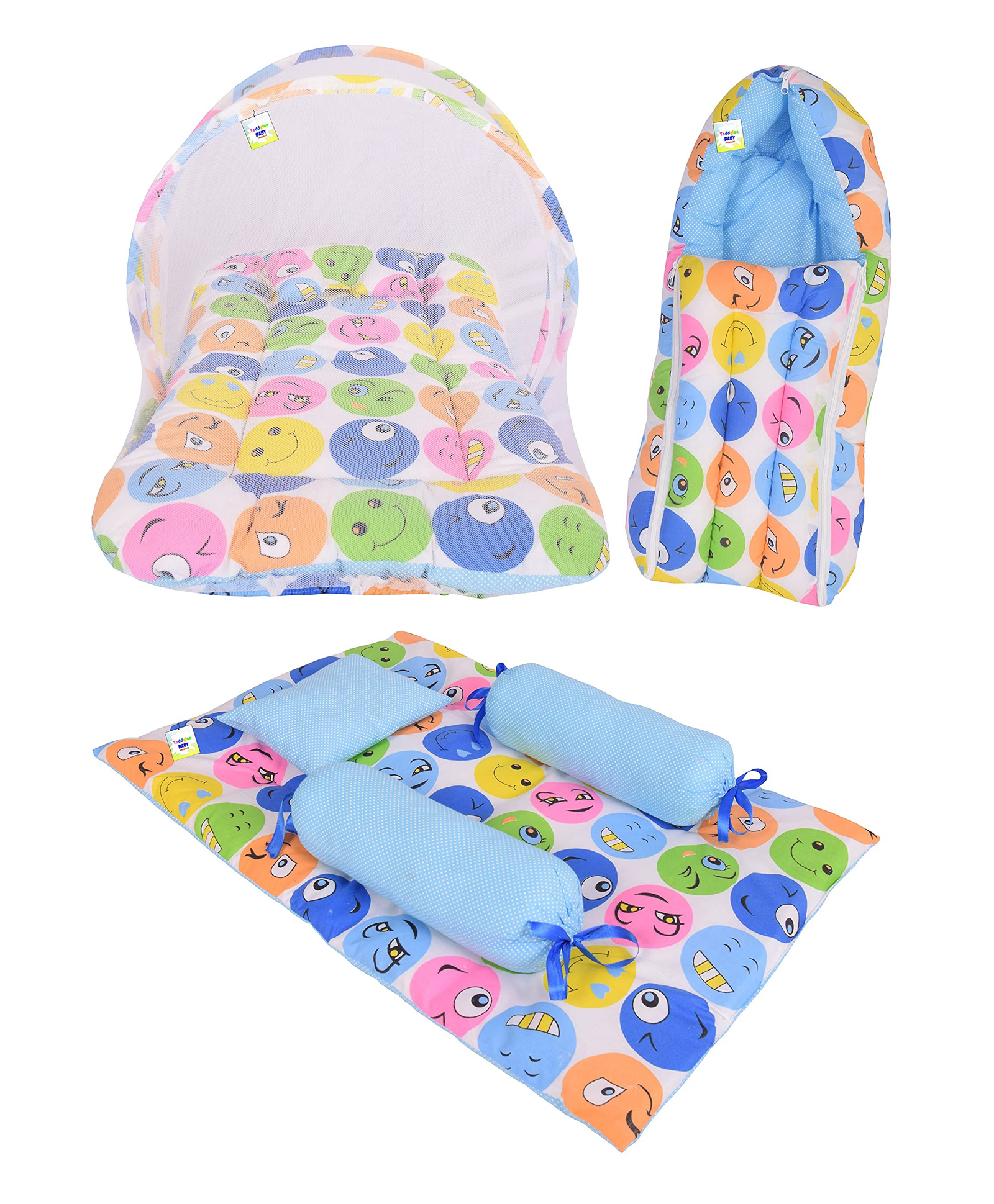 Toddylon Combo of Baby Mattress with Net Sleeping Bag 4 Pcs Bedding Set- Blue-picture-16