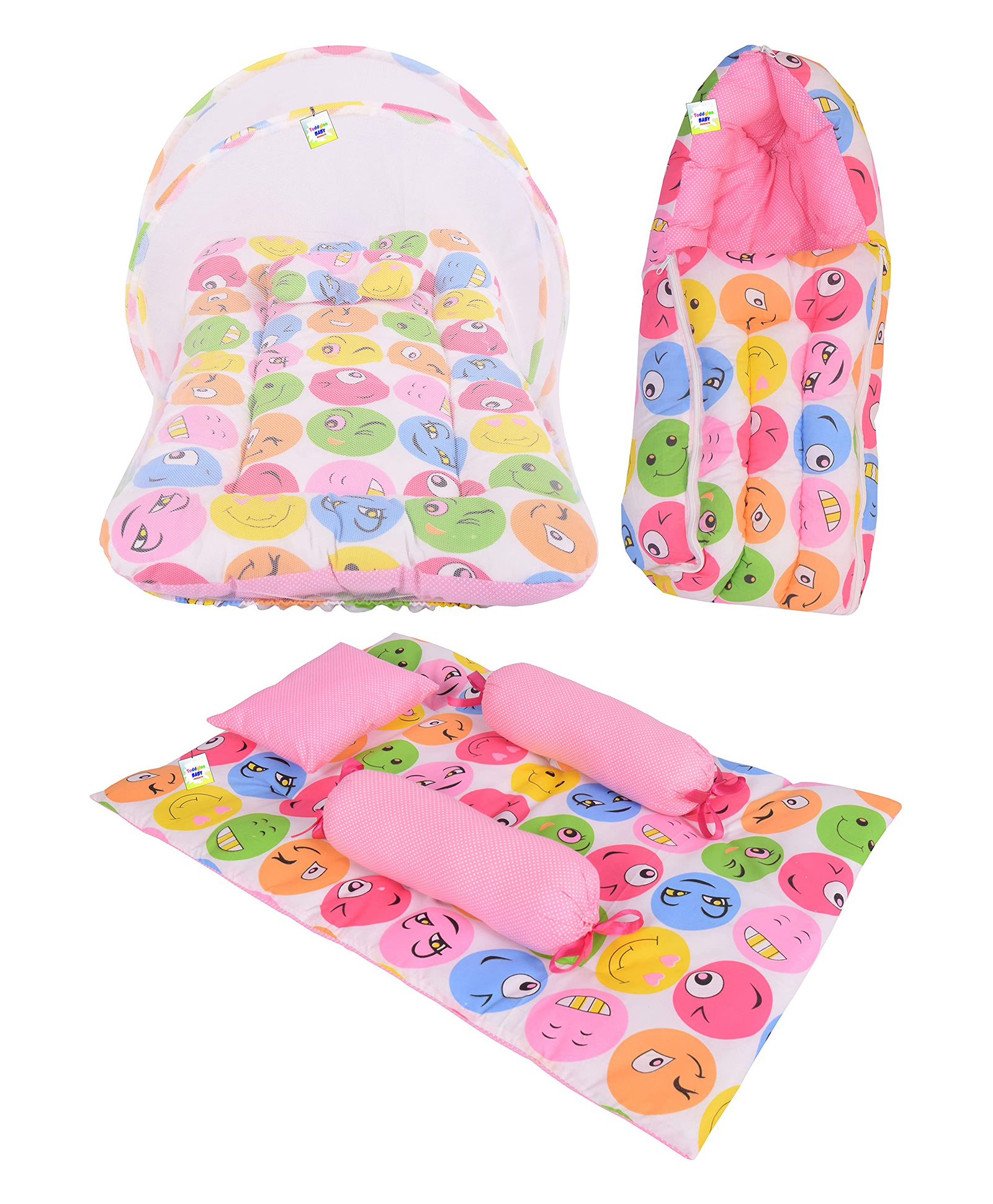 Toddylon Combo of Baby Mattress with Net Sleeping Bag 4 Pcs Bedding Set- Pink-image-46