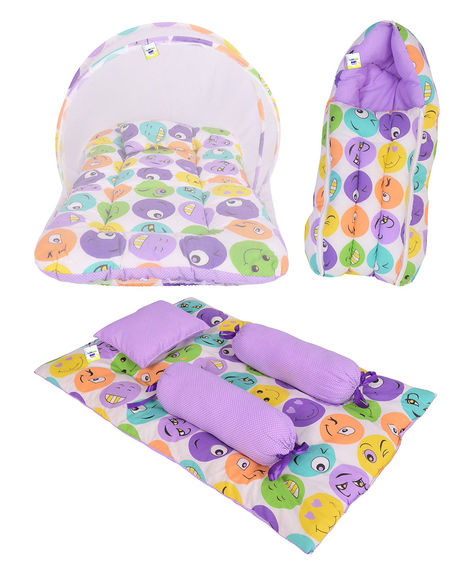 Toddylon Combo of Baby Mattress with Net Sleeping Bag 4 Pcs Bedding Set- Purple-picture-18