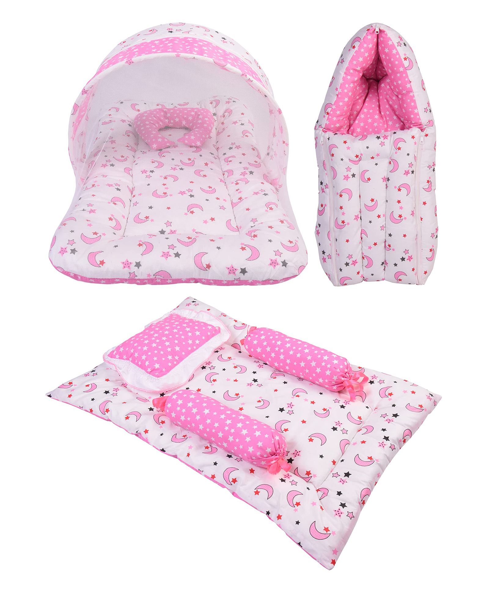Toddylon Baby Bedding Combo Mattress with Net Sleeping Bag 4 Pcs Gaddi Set - Pink-picture-21