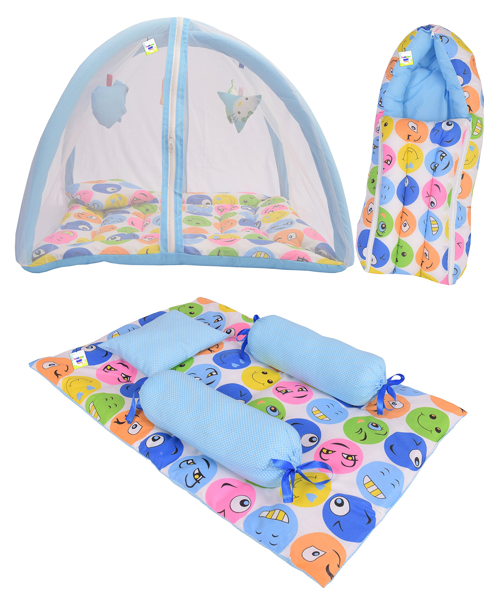 Toddylon Combo of Newborn Baby Mattress with Net Sleeping Bag 4 Pcs Bedding Set- Blue-picture-40