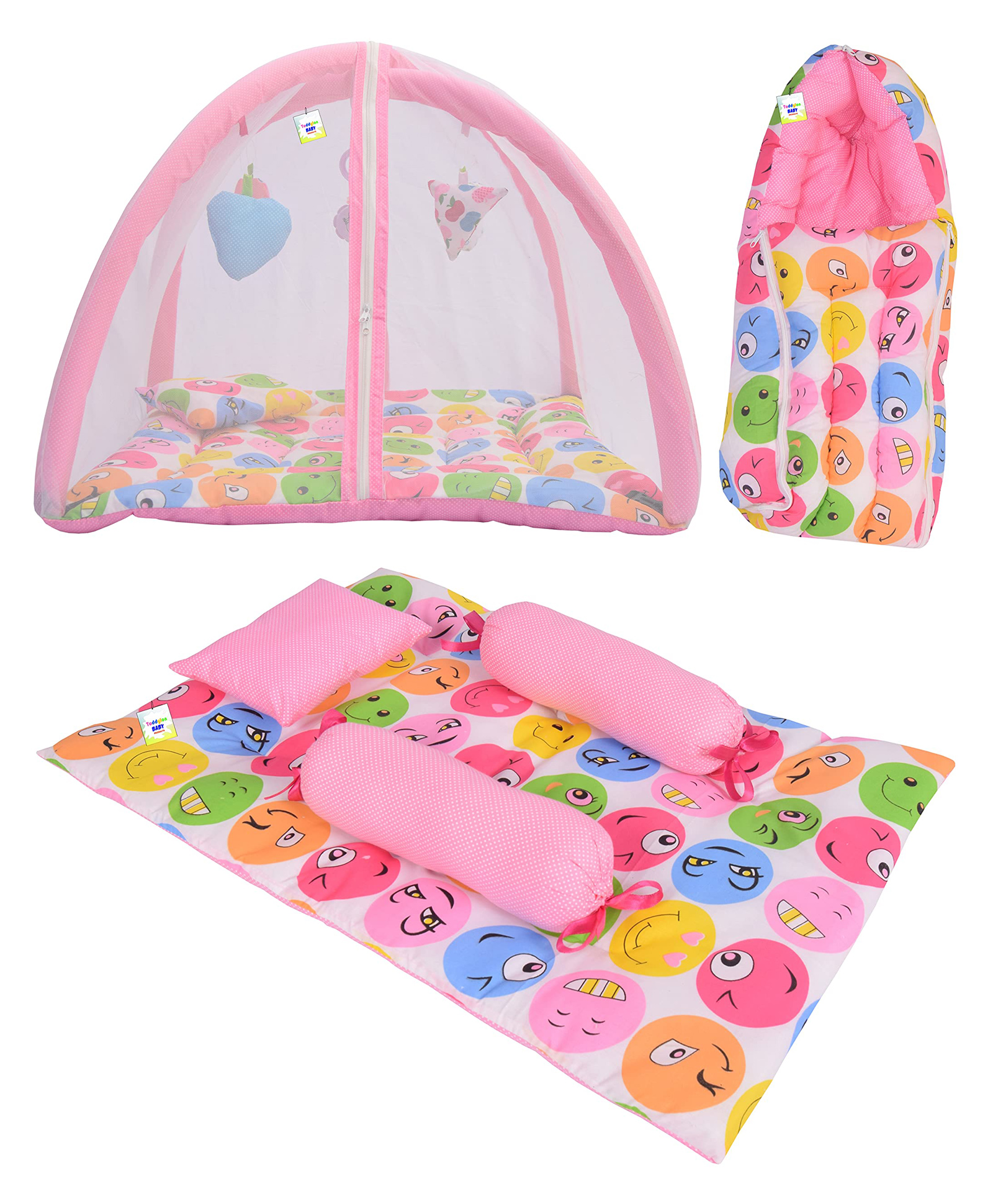 Toddylon Combo of Newborn Baby Mattress with Net Sleeping Bag 4 Pcs Bedding Set- Pink-image-9