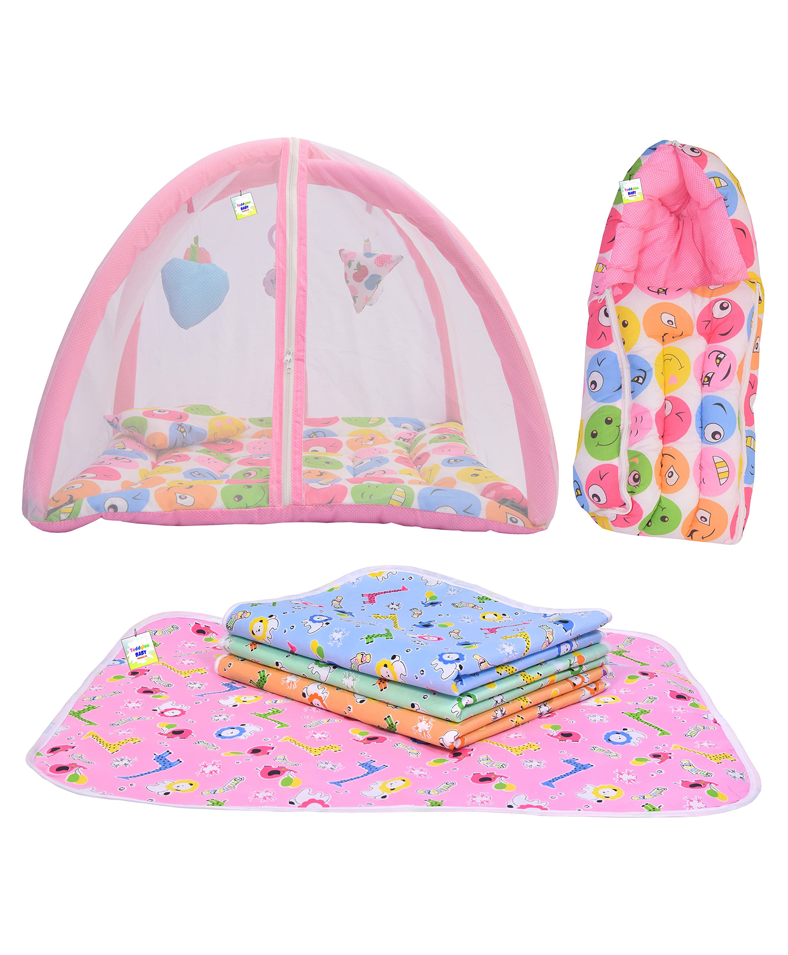 Toddylon Newborn Babys Mosquito Mattress Net Bed Sleeping Bag & 4 Plastic Diaper Changing Sheets - Pink-picture-47