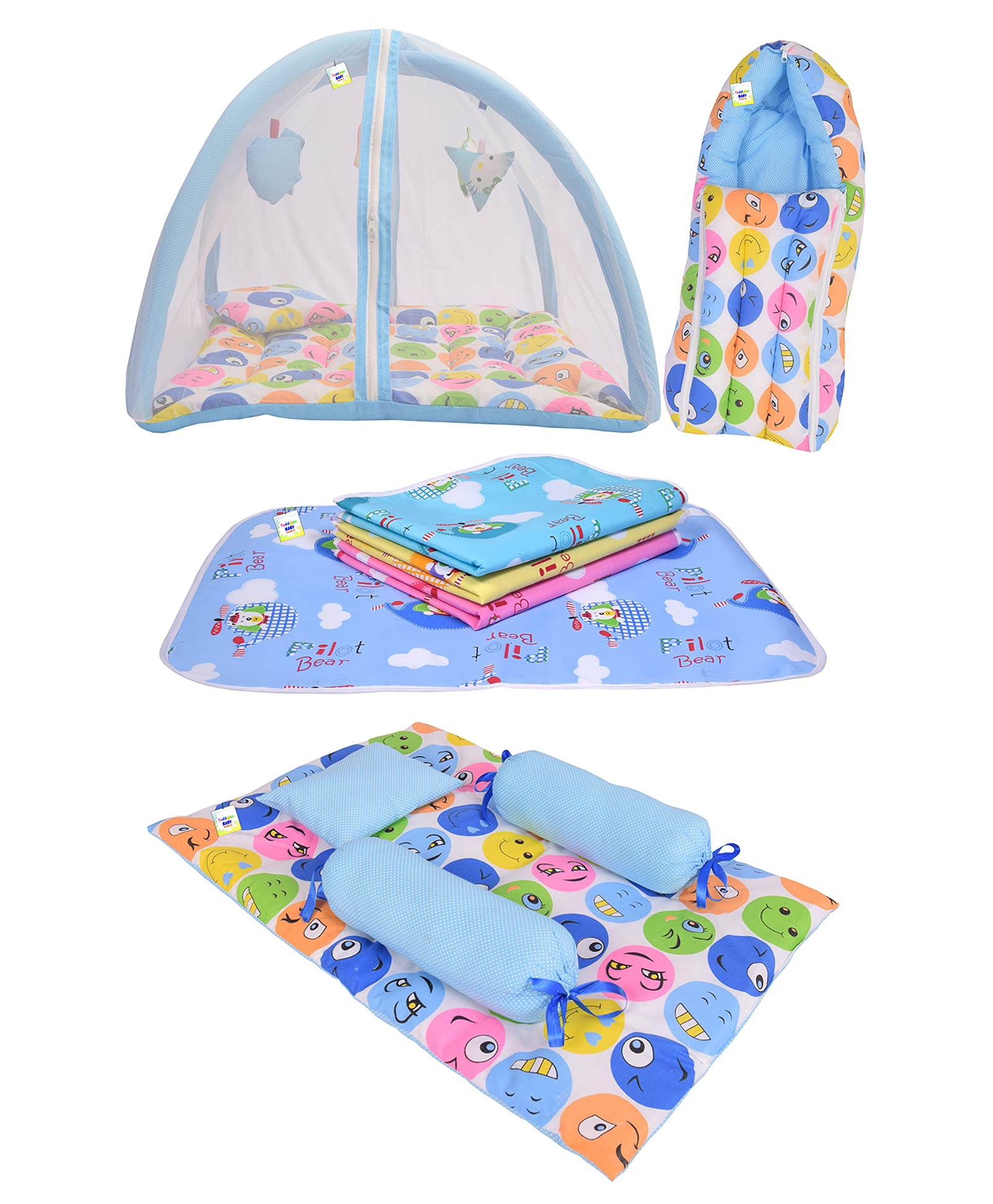 Toddylon Combo of Baby Mattress with Net Sleeping Bag 4 Pcs Bedding Set 4 Nappy Changing Sheets- Blue-image-46