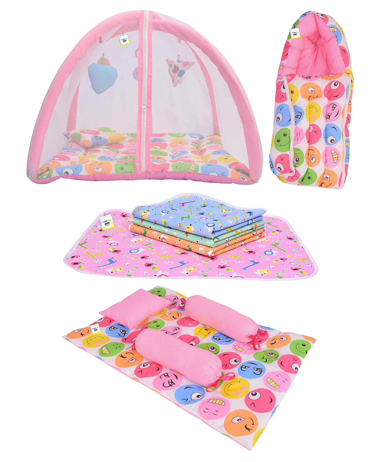 Toddylon Combo of Baby Mattress with Net Sleeping Bag 4 Pcs Bedding Set 4 Nappy Changing Sheets- Pink-image-15