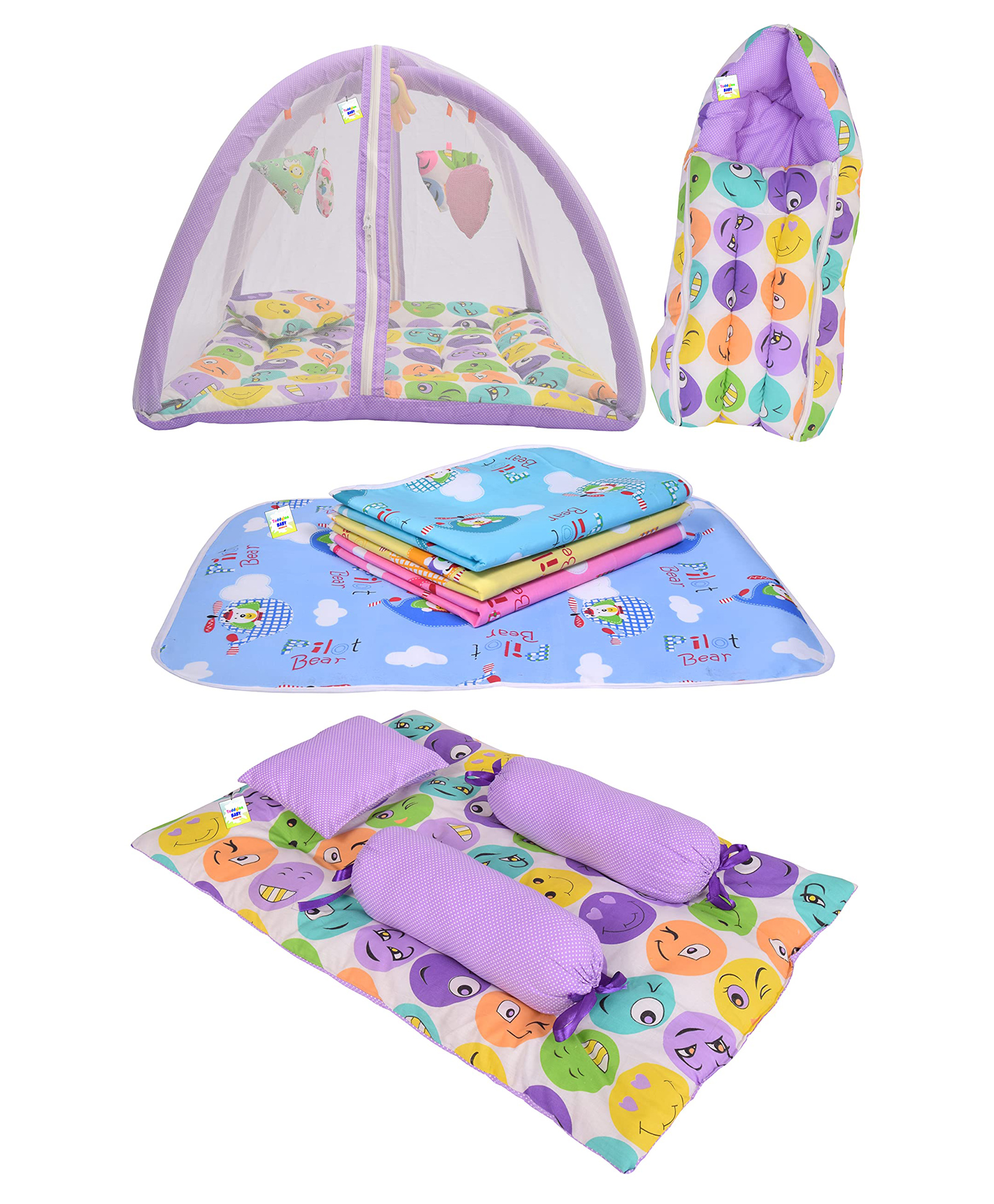 Toddylon Combo of Baby Mattress with Net Sleeping Bag 4 Pcs Bedding Set 4 Nappy Changing Sheets- Purple-picture-45