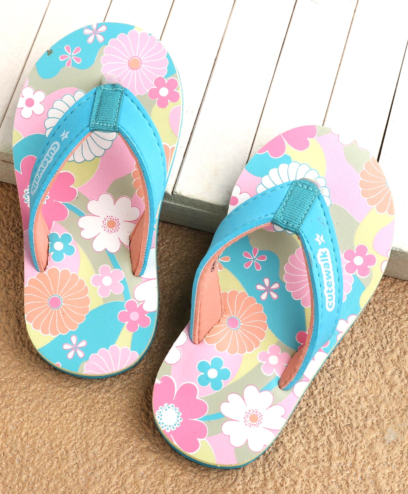 Cute Walk by Babyhug Slip On Floral Printed Flip Flops - Blue-image-23