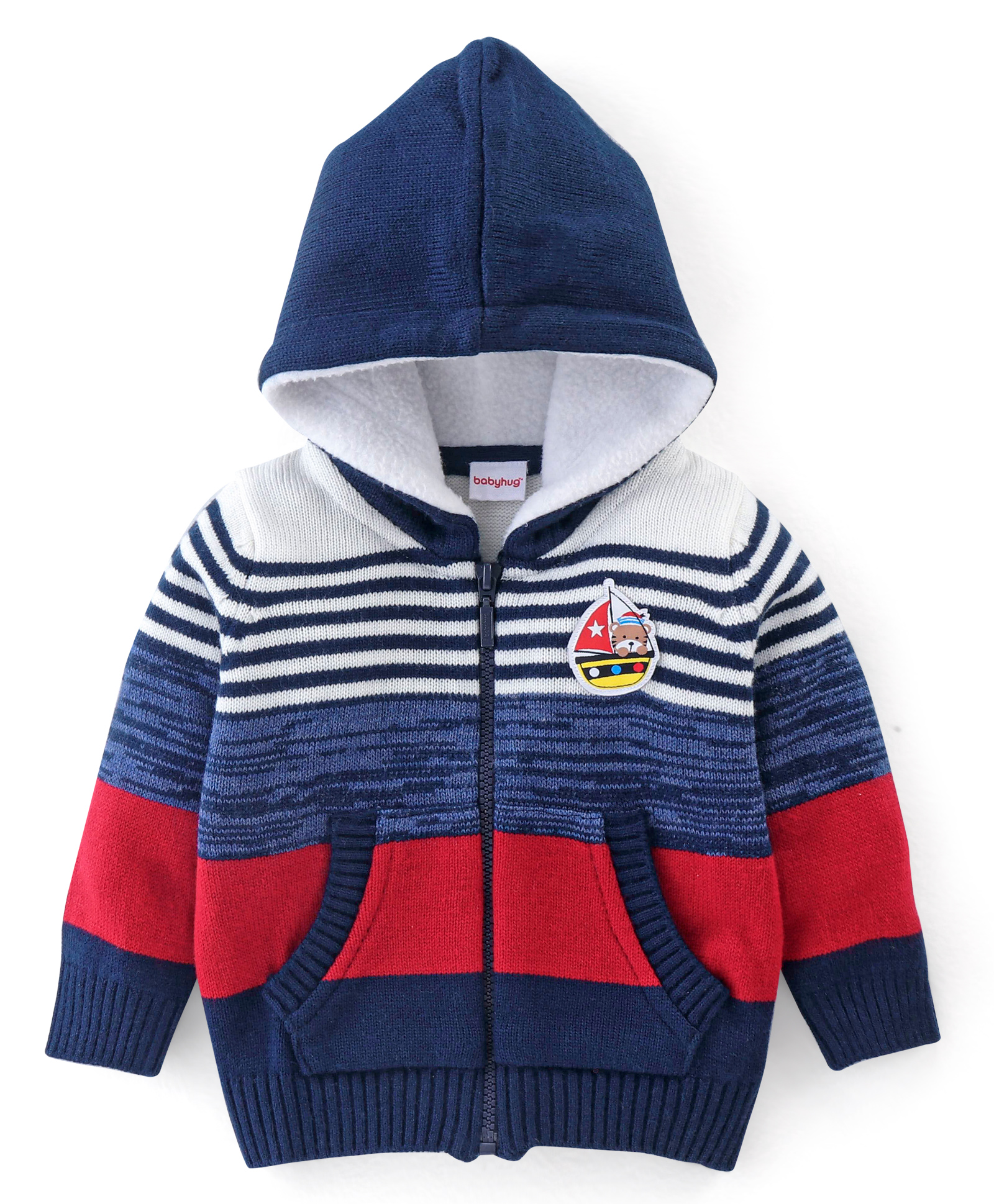 Babyhug Acrylic Full Sleeves Striped Hooded Sweater - Blue & Red-image-44