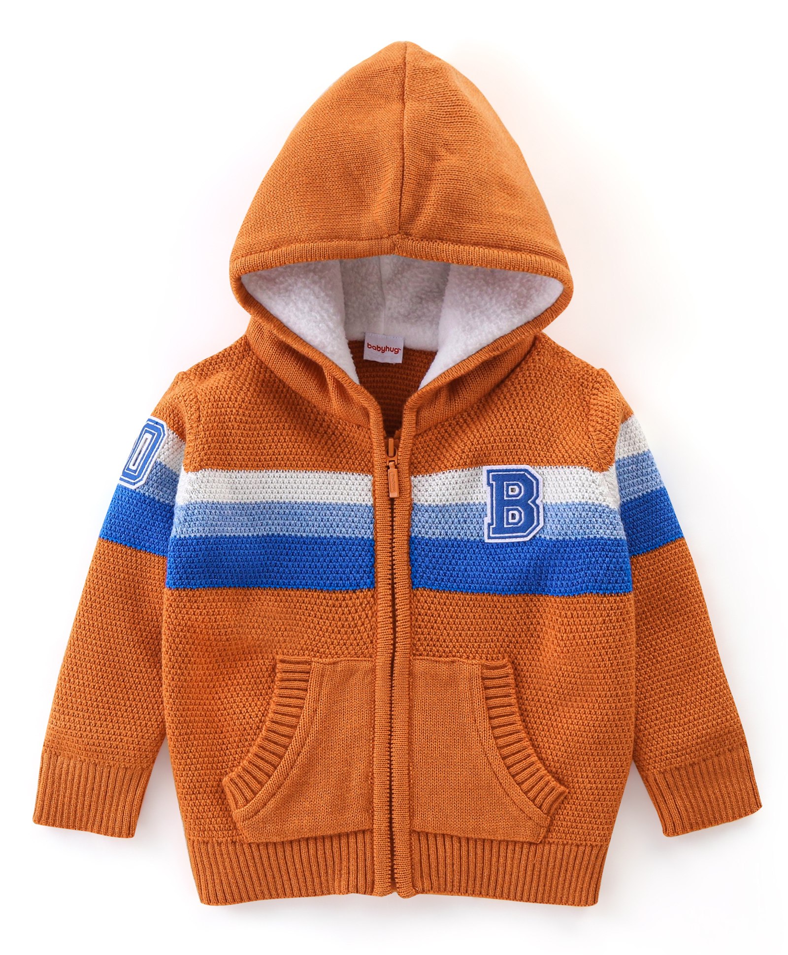 Babyhug Acrylic Full Sleeves Striped Hooded Sweater - Orange-image-41