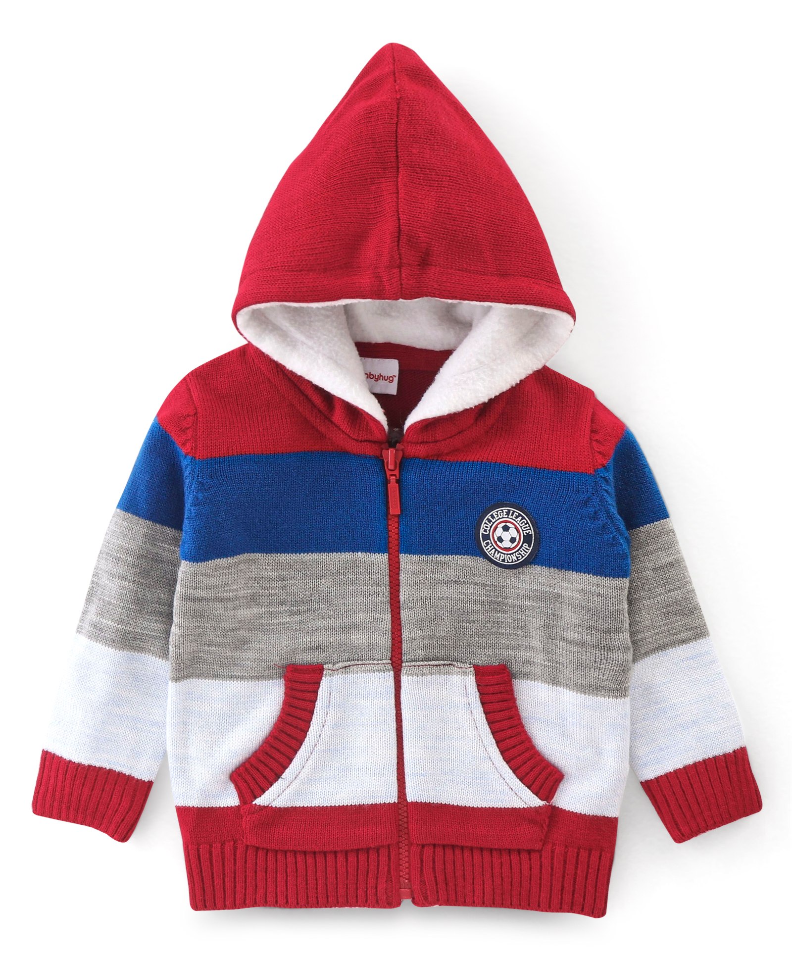 Babyhug Acrylic Full Sleeves Striped Hooded Sweater- Blue & Red-image-42