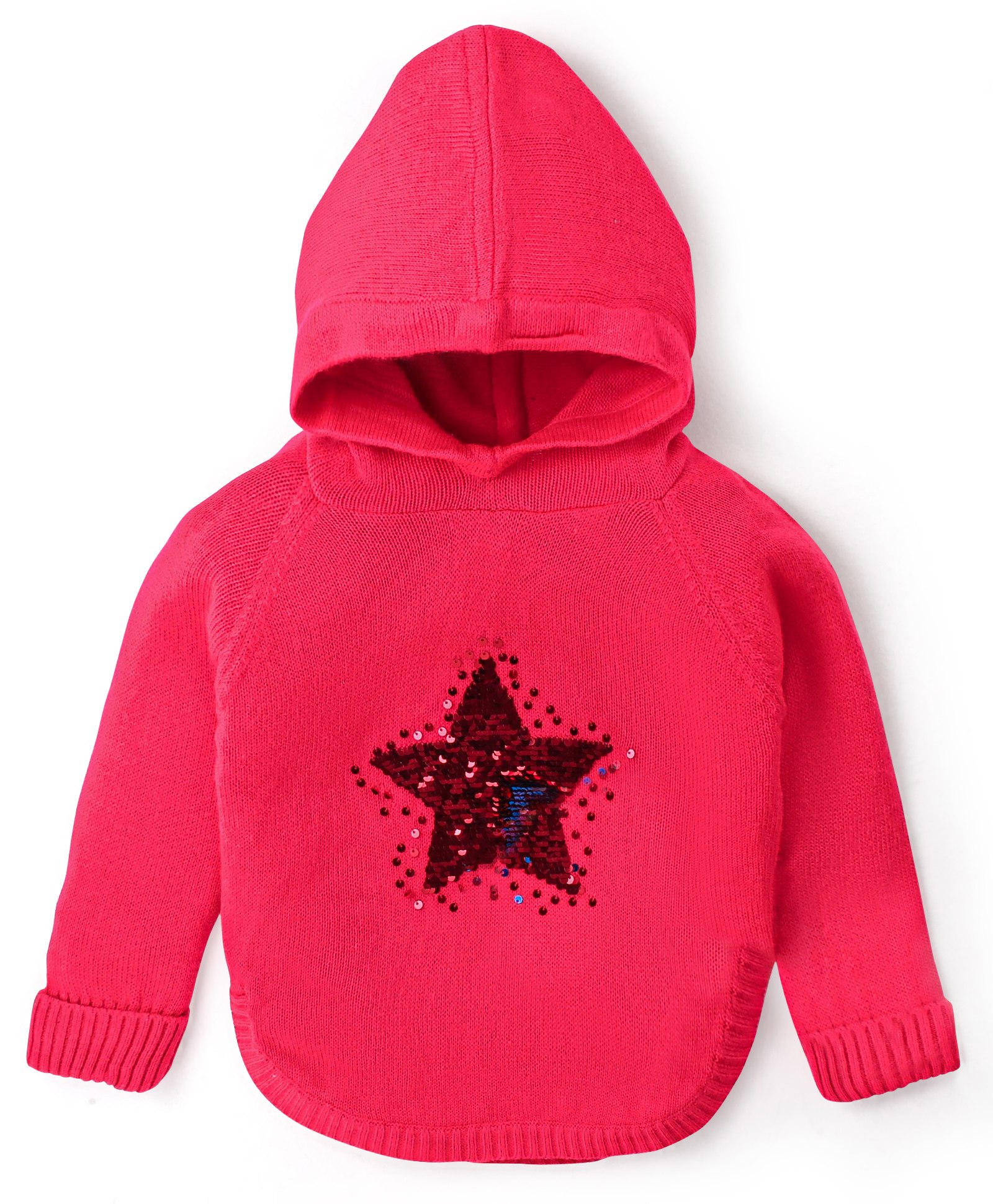 Babyhug Acrylic Knit Full Sleeves Hooded Sweater with Sequin Star Design - Coral Red-image-2