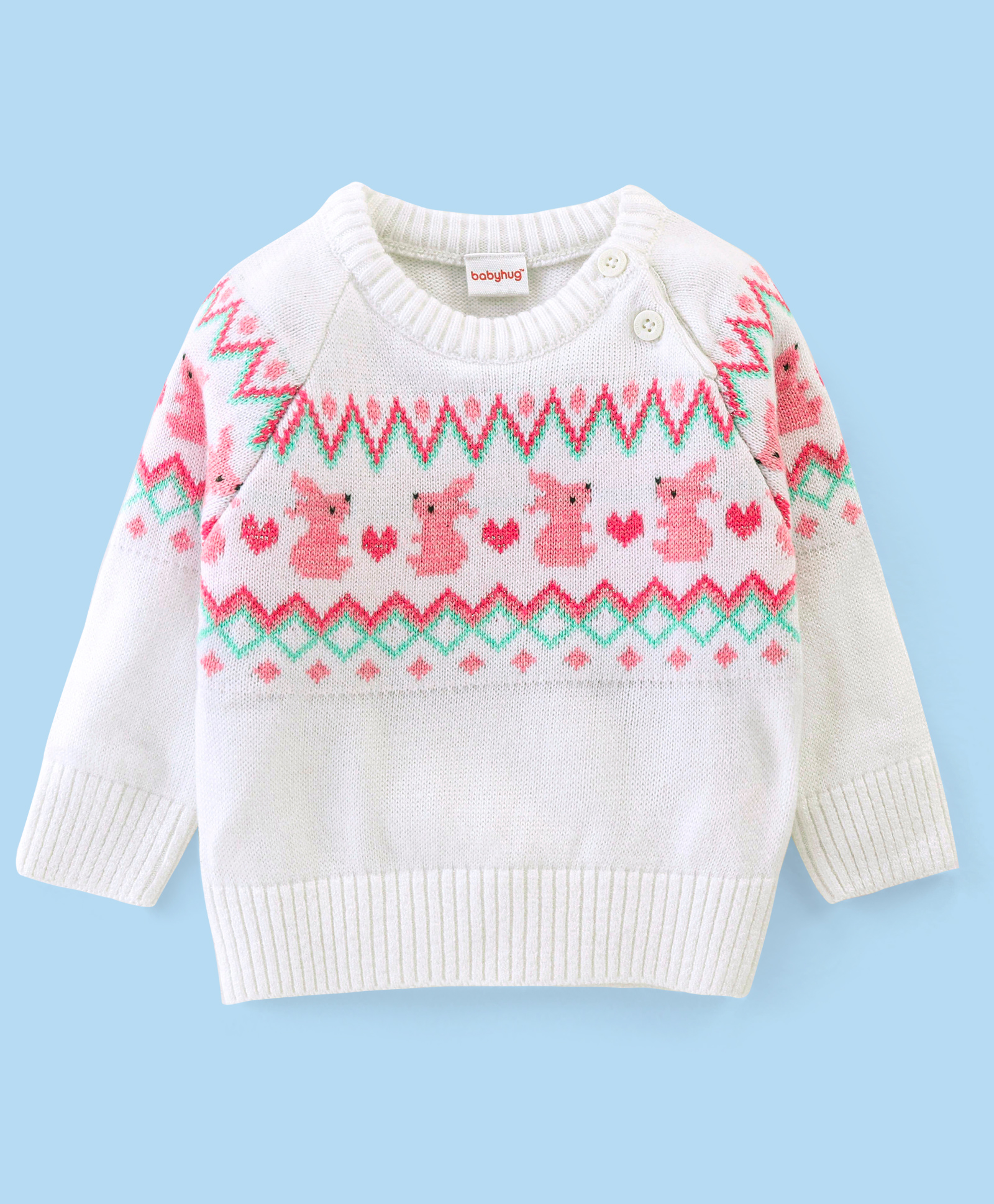 Babyhug Acrylic  Pullover Sweater Rabbit Design - Off White & Pink-image-2