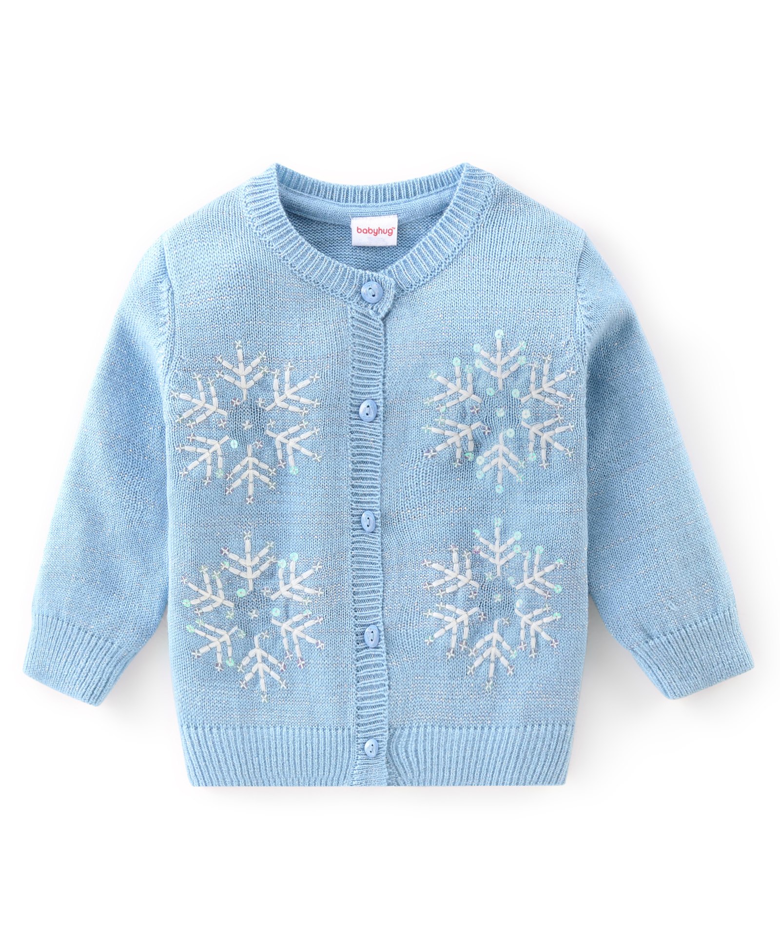 Babyhug Knitted Full Sleeves Front Open Sweater with Snow Flakes Design - Blue-picture-24