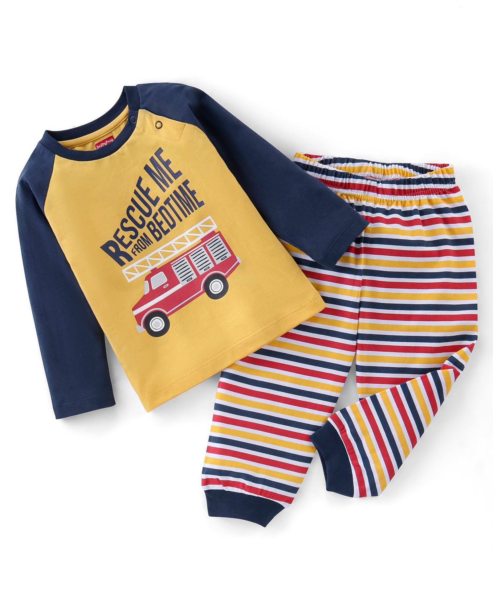 Babyhug Cotton Full Sleeves Night Suit Bus & Stripes Print- Yellow & Blue-image-12