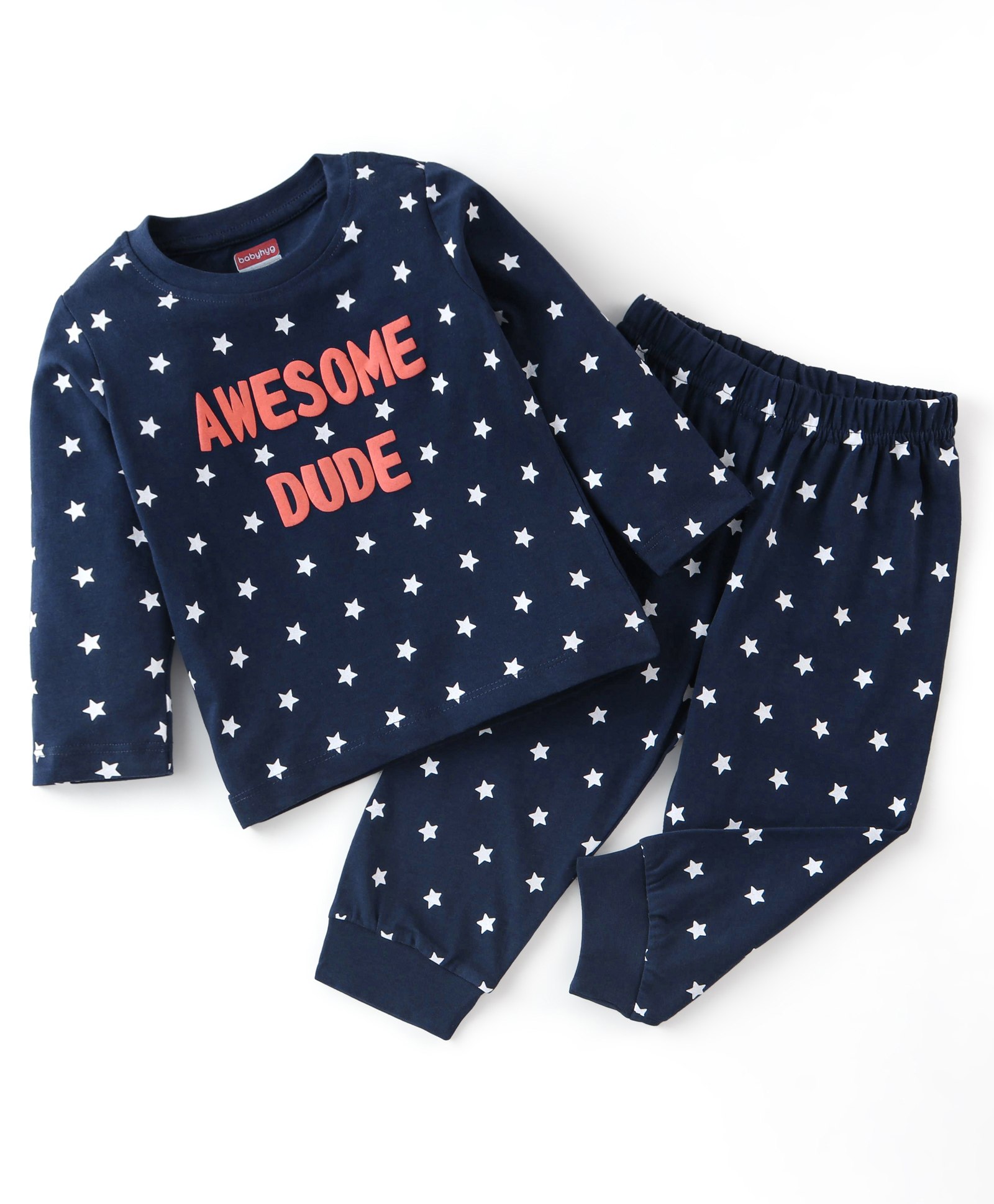Babyhug Single Jersey Full Sleeves Night Suit Star Print - Navy Blue-image-43