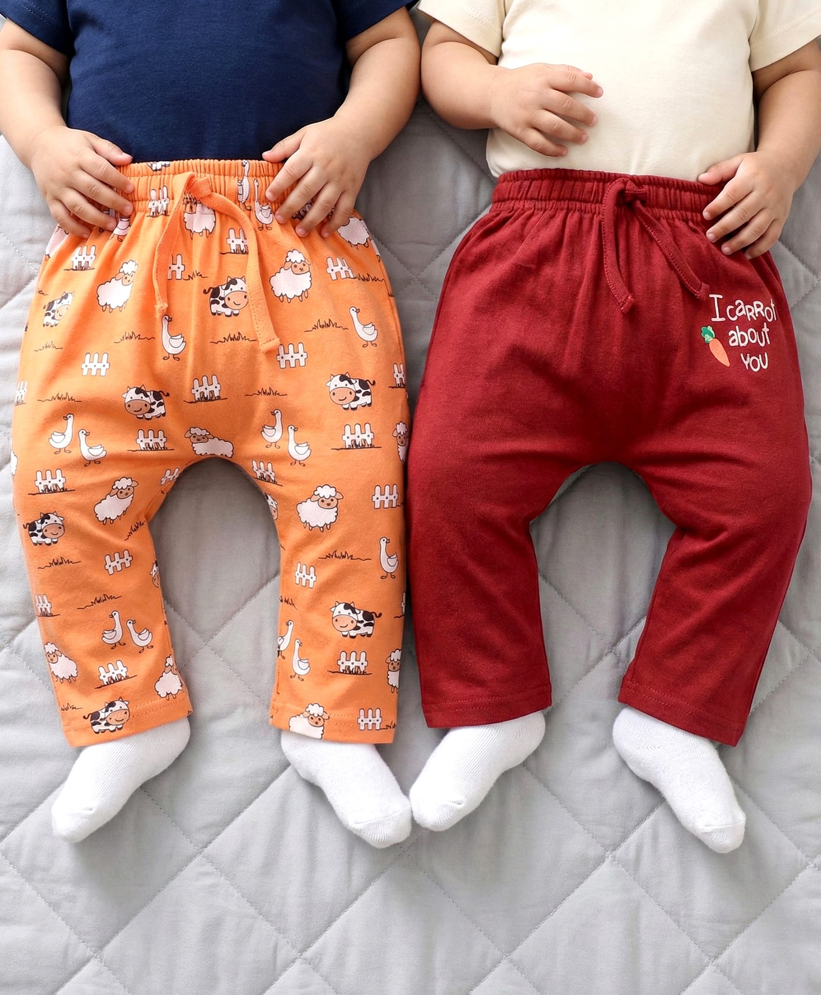 Babyoye 100% Organic Cotton With Eco Jiva Finish Full Length Diaper Leggings With Farm Animals Print Pack of 2 - Orange & Red-picture-23