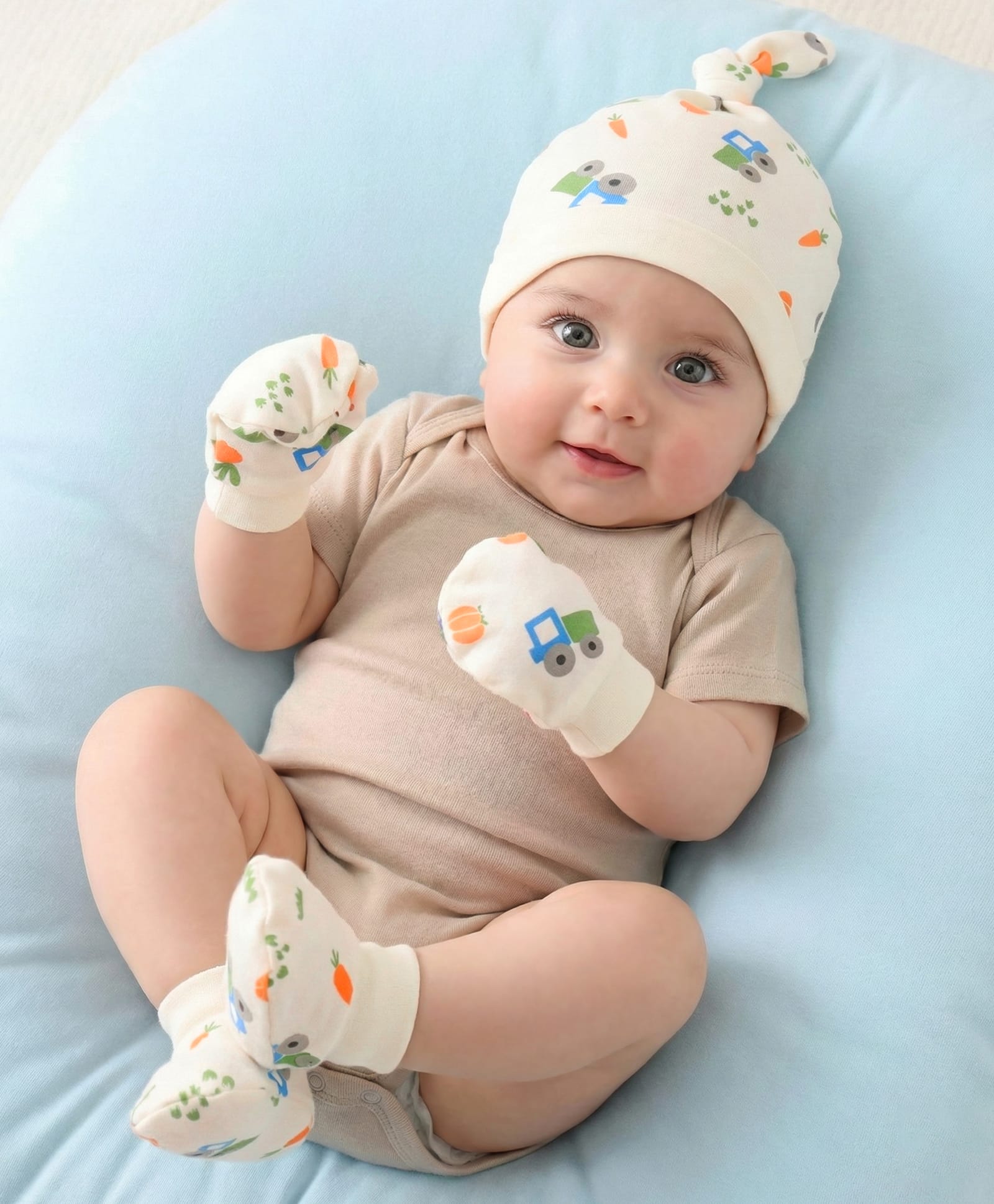 Babyoye 100% Cotton With Eco Jiva Finish Car Printed  Cap Mitten & Booties Multicolour- Diameter 10.5 cm-image-42