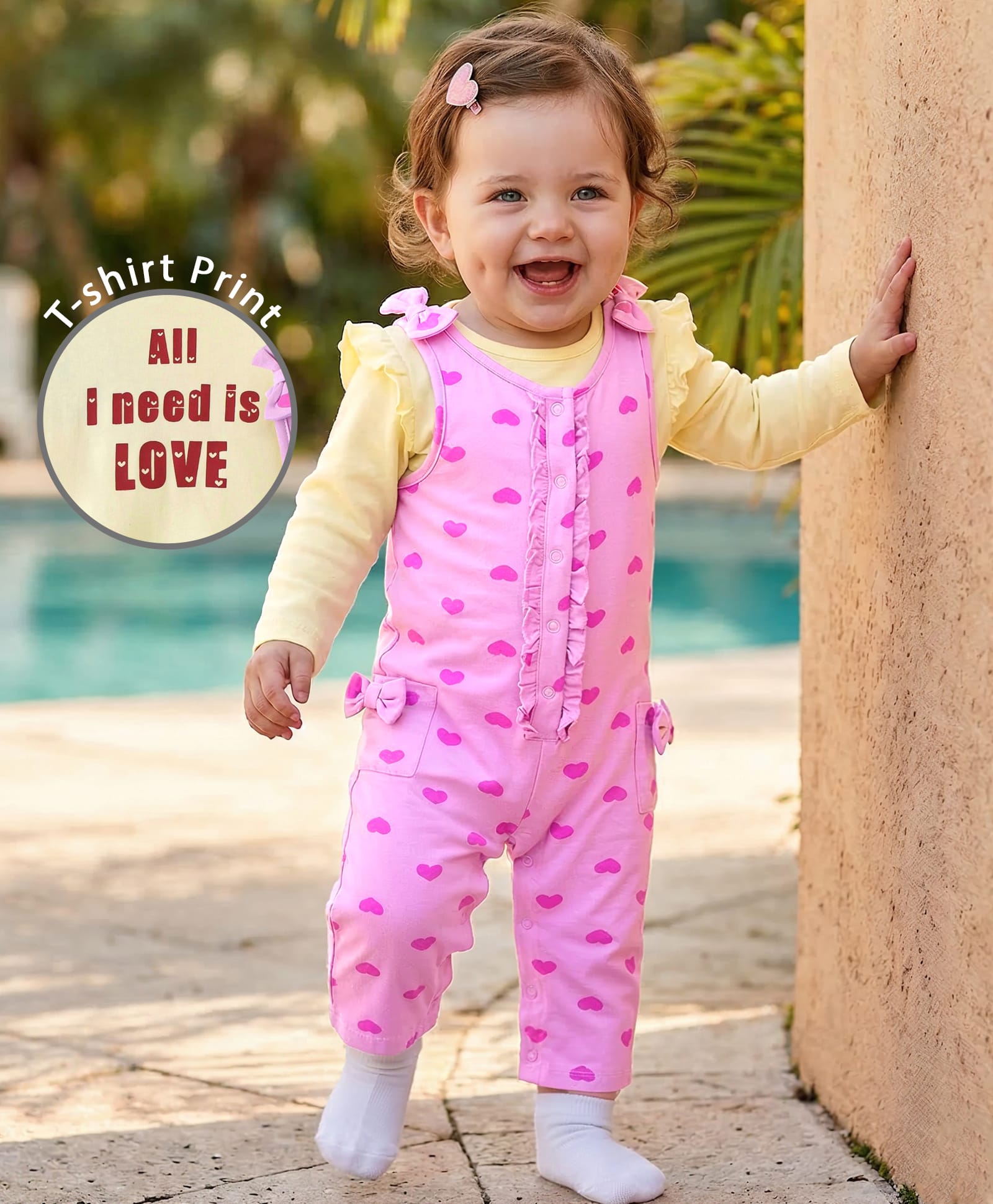Babyoye Eco Conscious 100% Cotton Heart Printed Dungaree with Full Sleeves Inner Tee - Lilac & Cream-image-5
