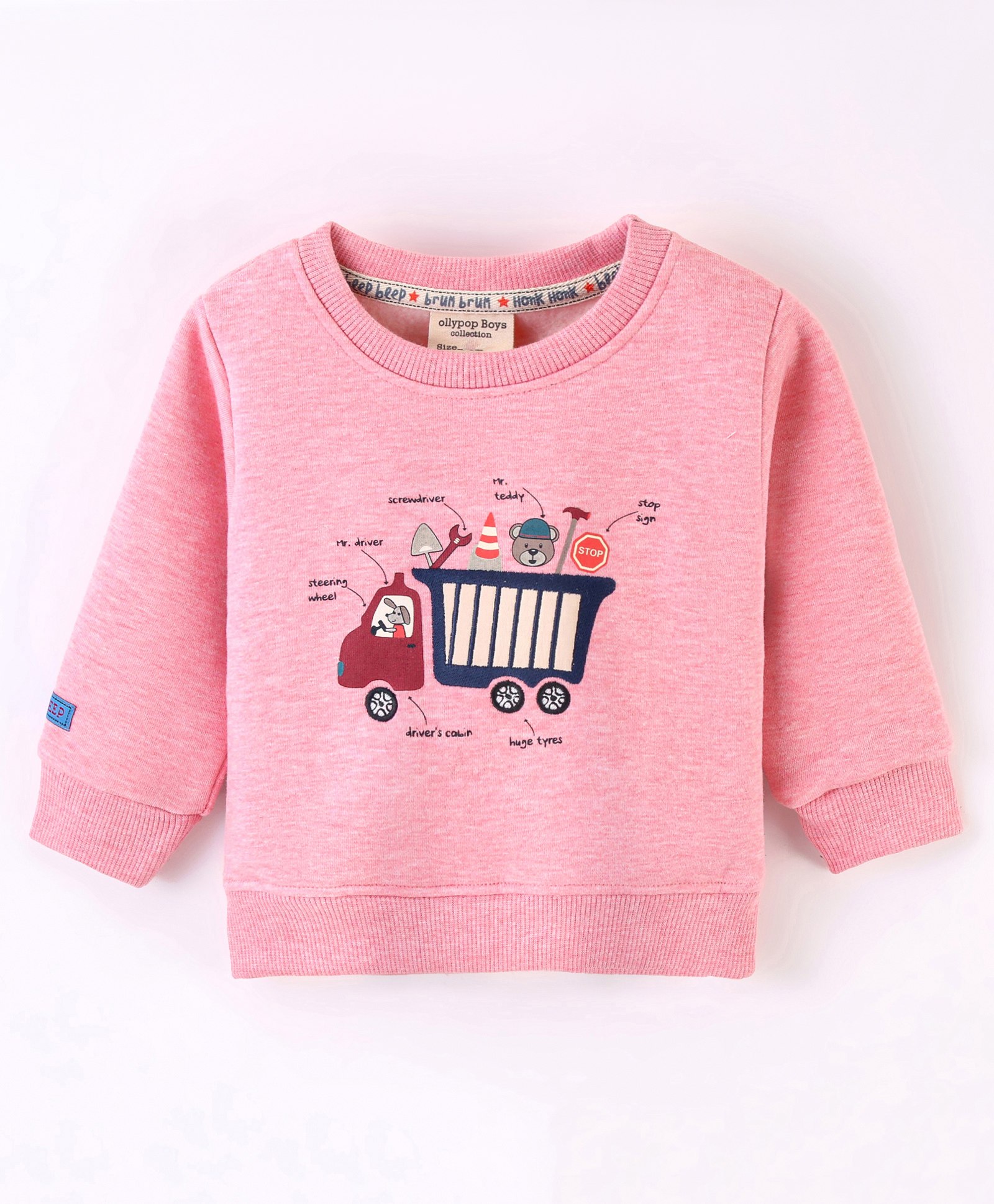 OLLYPOP Fleece Cotton Knit Full Sleeves Sweatshirt Truck Print - Powder Pink-picture-19
