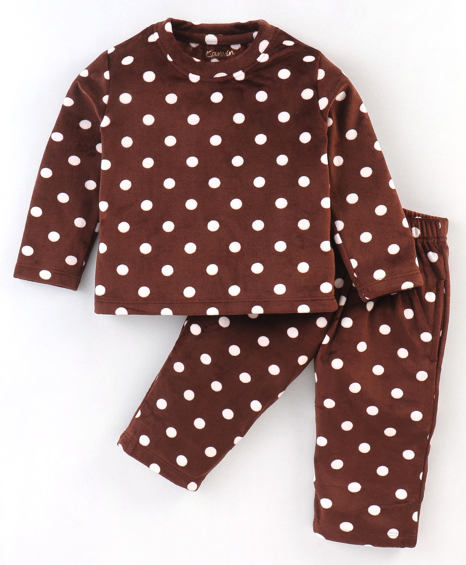 Kanvin Brushed Velour Winter Night Suit Extra Warm with Polka Dots Print - Brown-image-34
