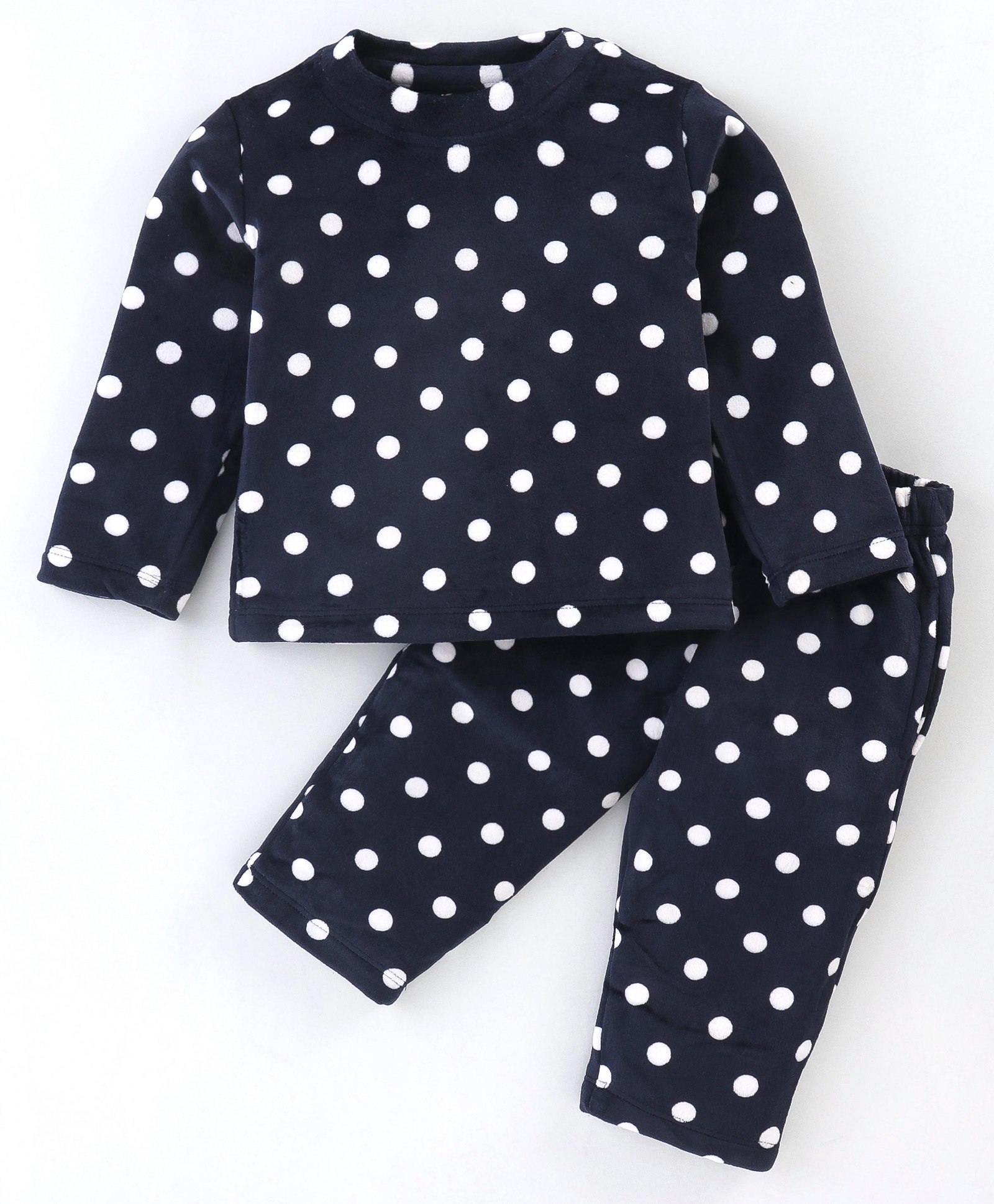 Kanvin Brushed Velour Winter Night Suit Extra Warm with Polka Dots Print - Navy-image-35