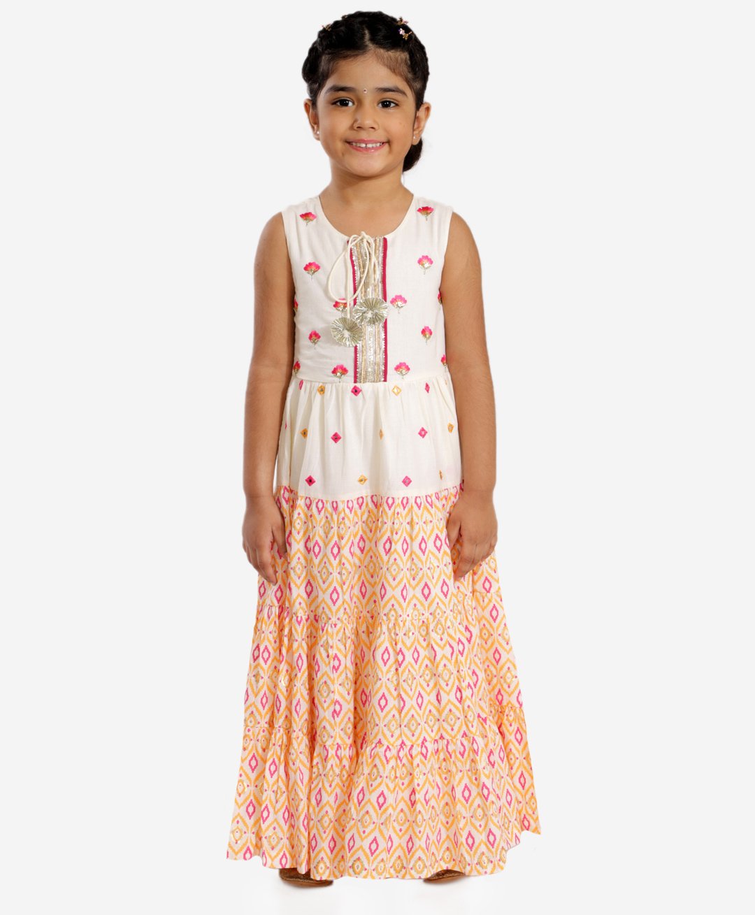 Lil' Drama Sleeveless All Over Flower Motif Embroidered & Moroccan Designed Fit & Flare Ethnic Gown - Pink-image-43