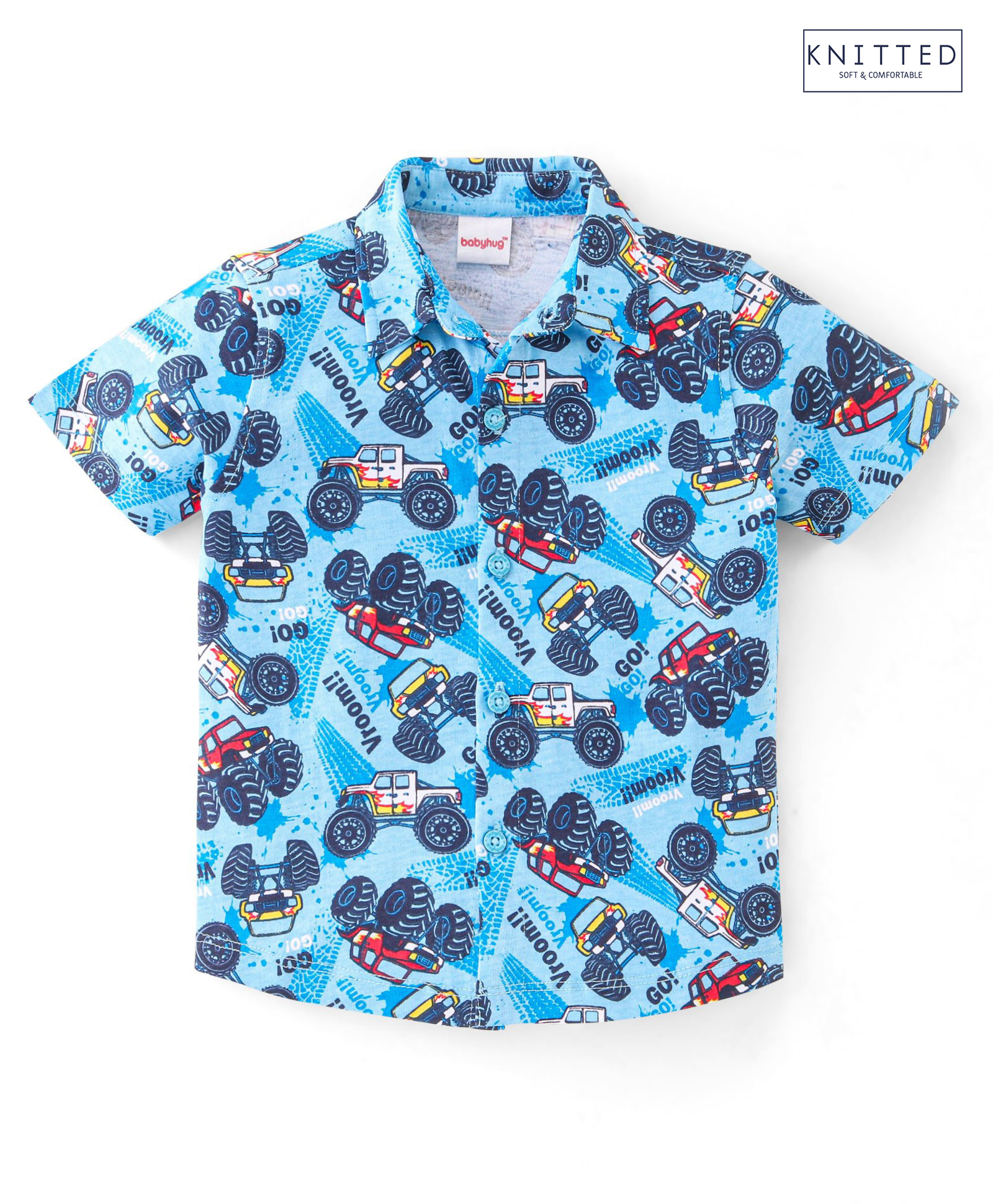 Babyhug 100% Cotton Knit Half Sleeves Shirt With Monster Truck - Blue-image-17