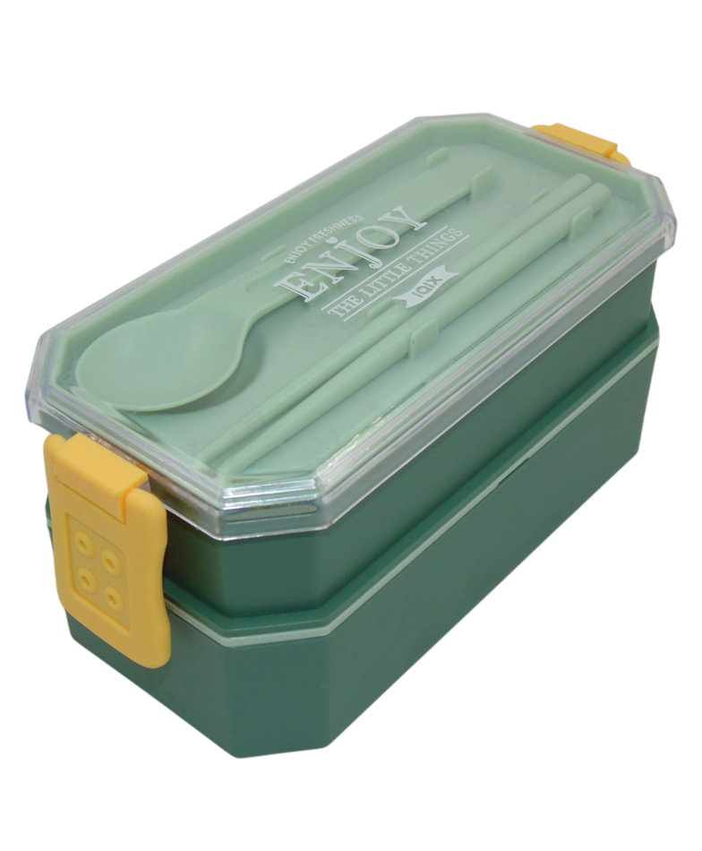 Sanjary 2 Layer Plastic Lunch Box With Cutlery - Green-picture-11