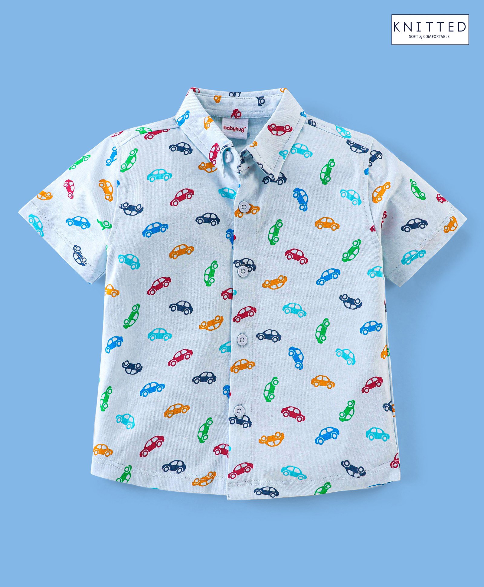 Babyhug 100% Cotton Half Sleeves Regular Collar Cars Print Shirt - Blue-image-5