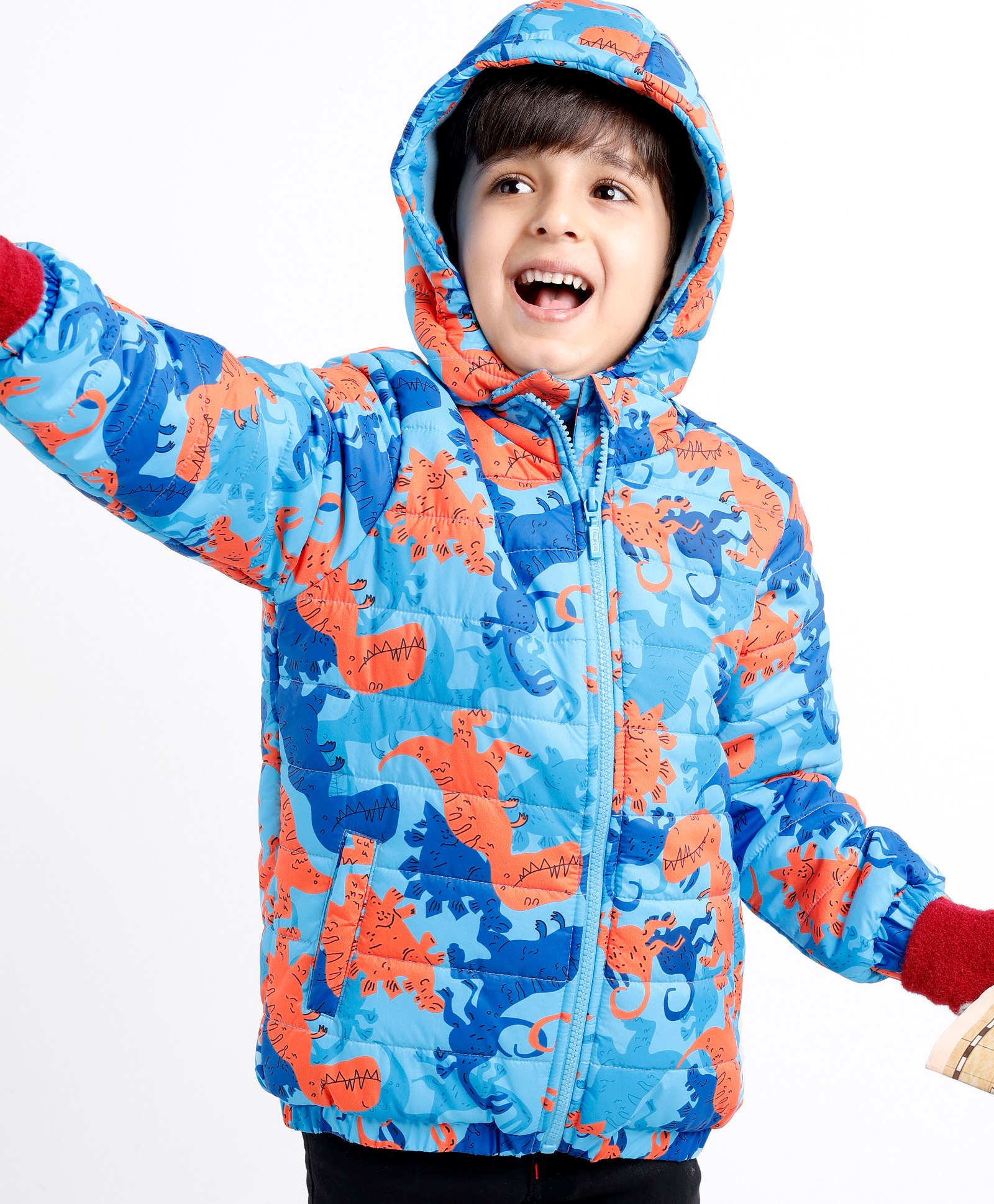 Babyhug Woven Full Sleeves Jacket With Detachable Hood Dino Print - Orange & Blue-image-18