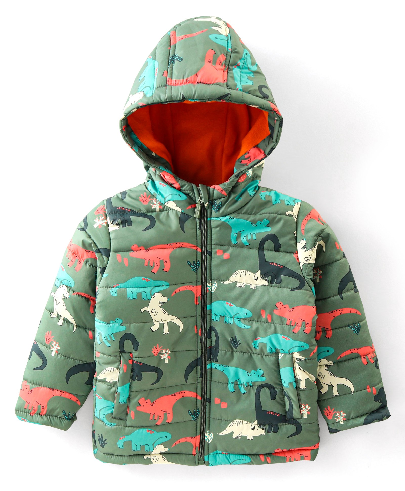 Babyhug Full Sleeves Hooded & Padded Jacket Dino Print- Olive-image-21