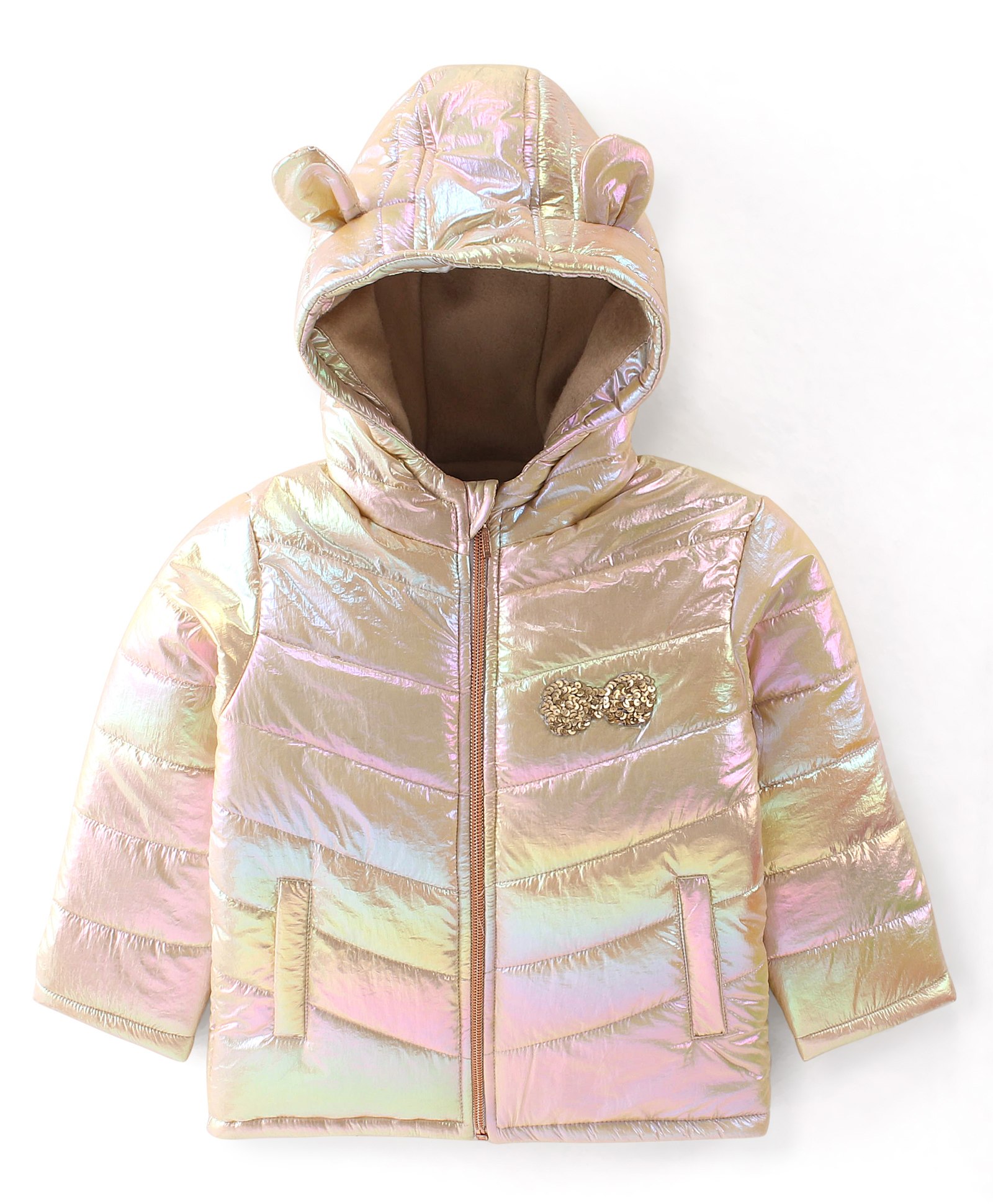 Babyhug Full Sleeves Sequins & Ears Detailing Holographic Hooded Jacket - Silver-picture-27