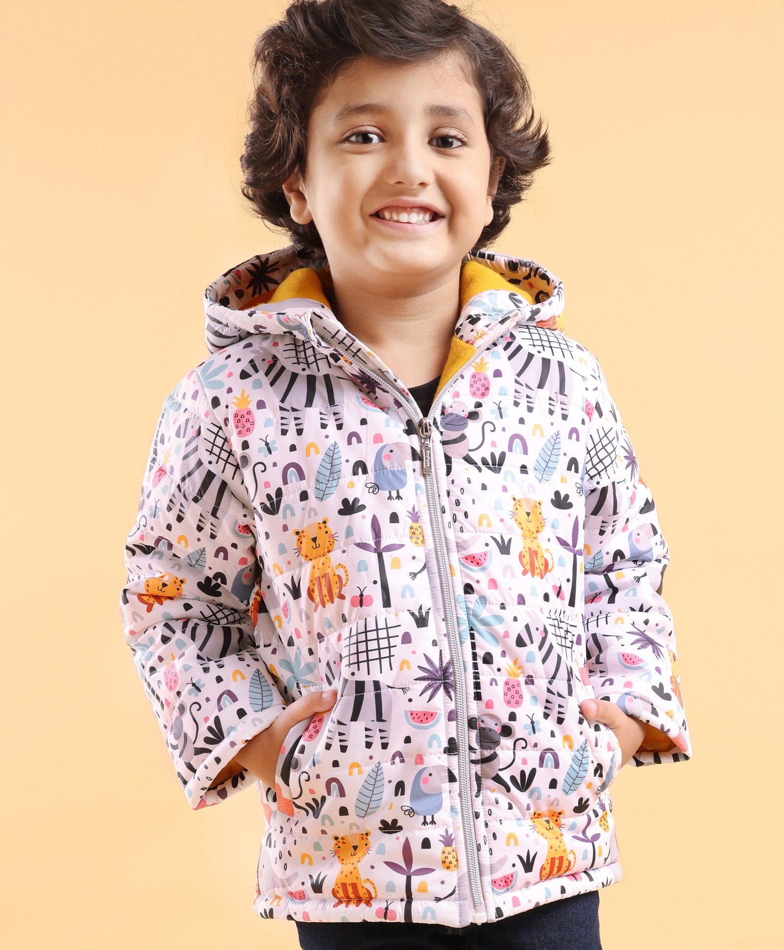 Babyhug Woven Full Sleeves Front Open Hoodies Elephant Print - Multicolour-picture-19