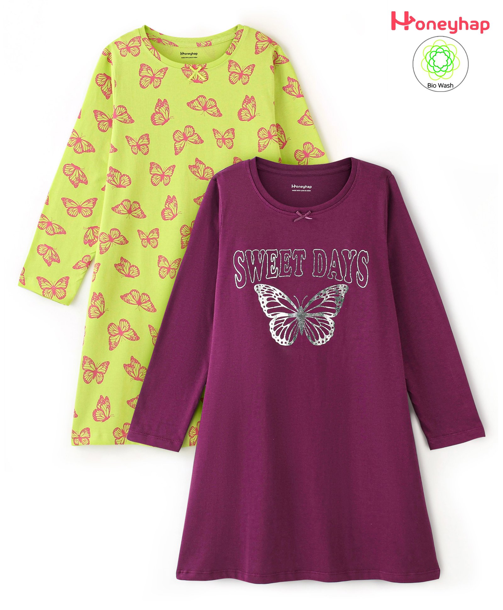 Honeyhap Premium Cotton Full Sleeves Nighty With Bio Wash Butterfly Print Pack Of 2 - Wild Lime & Dark Purple-image-35