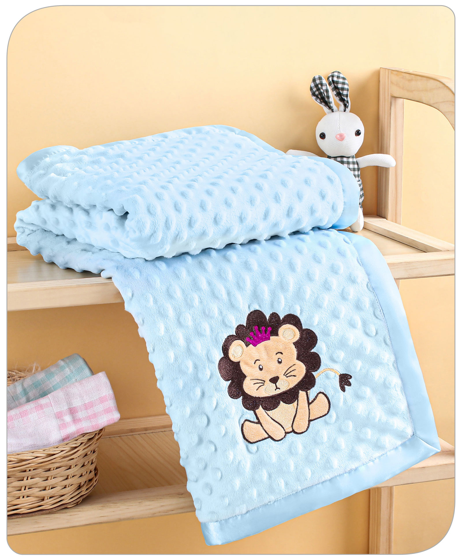 Babyhug Velvet Lion Embroidered Bubble Blanket - Blue