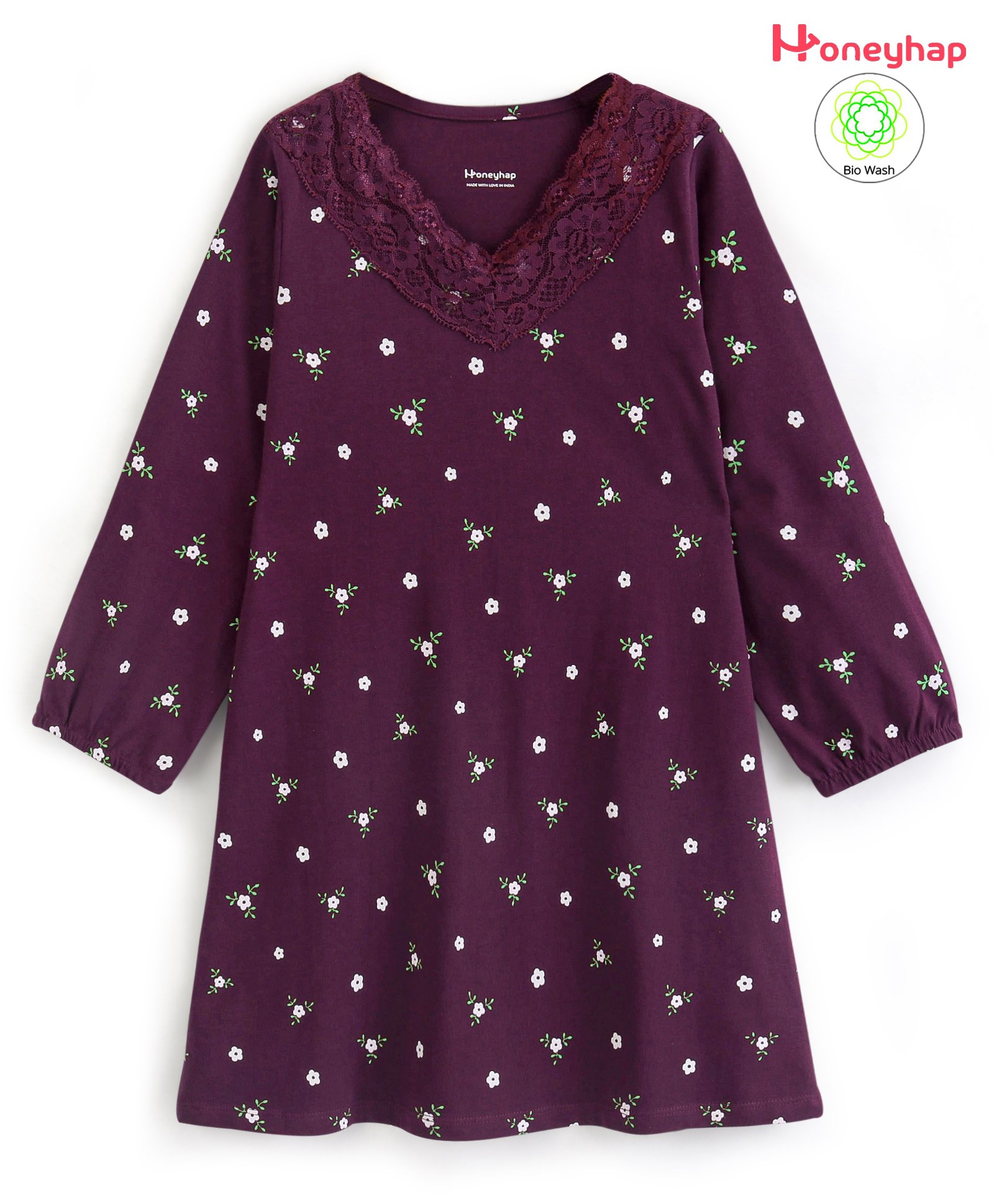 Honeyhap Premium Cotton Floral Printed Full Sleeves Nighty with Bio Wash - Grape Wine-picture-28