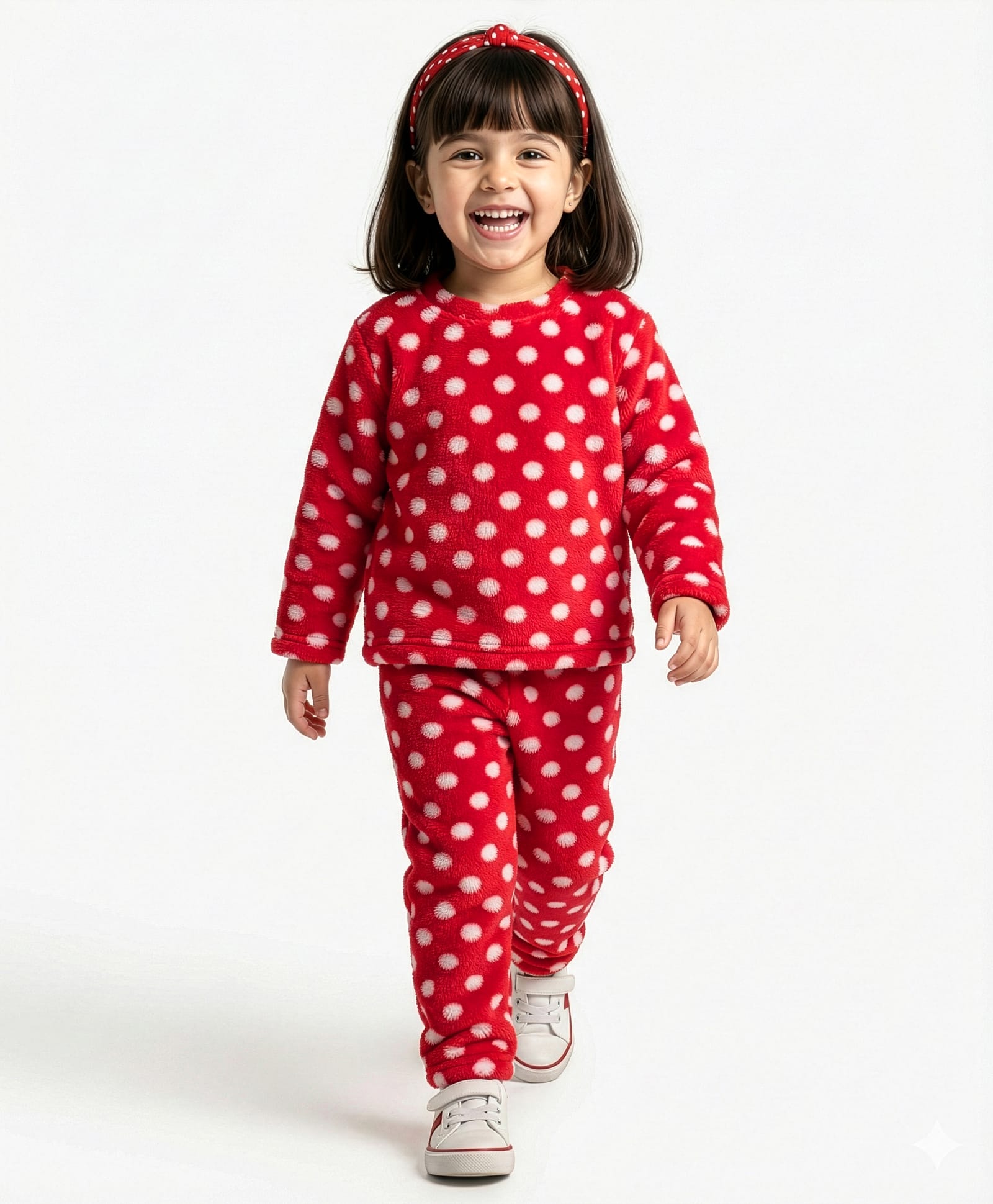 Kanvin Super Soft Velour Full Sleeves Winter Night Suit Polka Dots Print - Red-image-40