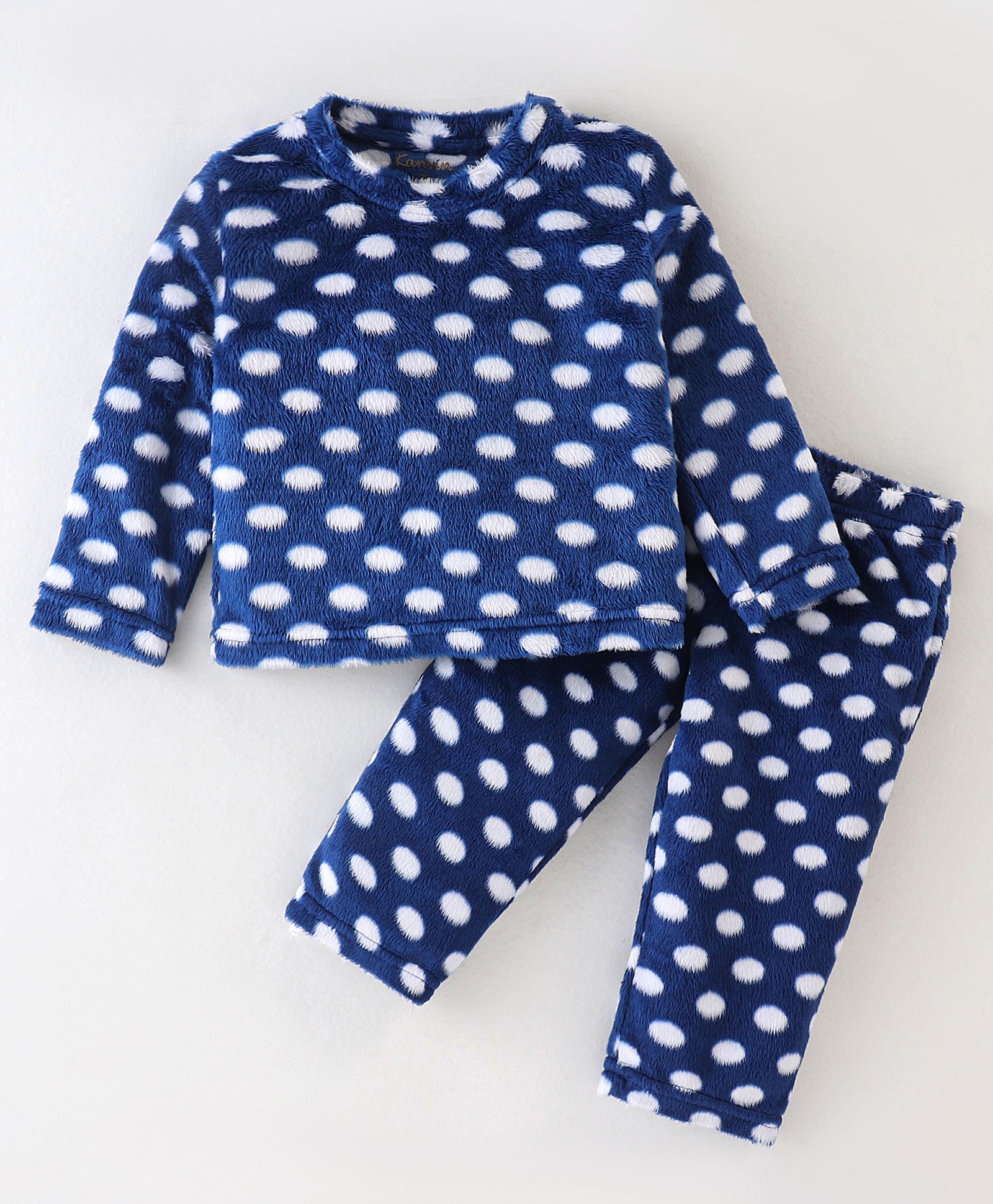 Kanvin Supersoft Extra Warm Velour Full Sleeves Winter Wear Night Suit With Polka Dots - Navy Blue-image-26